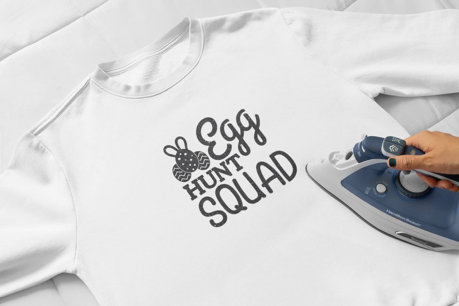 Egg Hunt Squad Iron On Decal - Easter Heat Transfer Vinyl Patch for DIY Crafts, Matching Family Shirts & Kids Easter Gifts (Black) | Perfect for Easter Party Outfits, Spring Celebrations & Family Photo Shoots