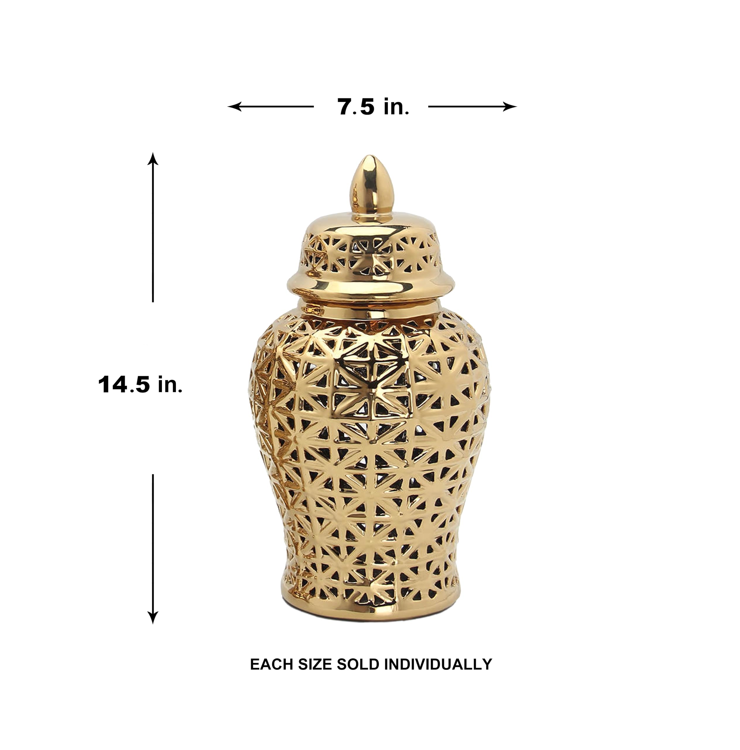 Noori Home - 100% Modern Glam Artisan Ceramic ARIA Small Gold Ginger Jar Urn with Lid 7.5x7.5x14.5 Inches - Elegant Home Decor for Living Room, Bedroom, or Office Display