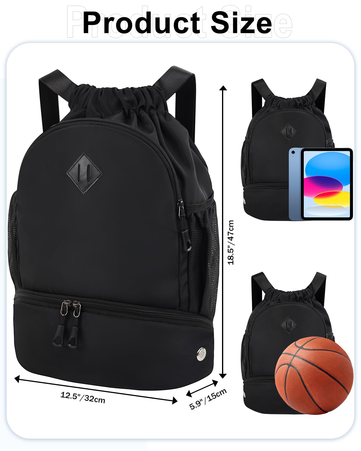 **Drawstring Backpack for Gym & Sports - Lightweight Shoe Compartment & Wet Pocket - Waterproof Swim & Beach Bag for Men & Women - Perfect for Workouts, Travel & Outdoor Activities - Black**
