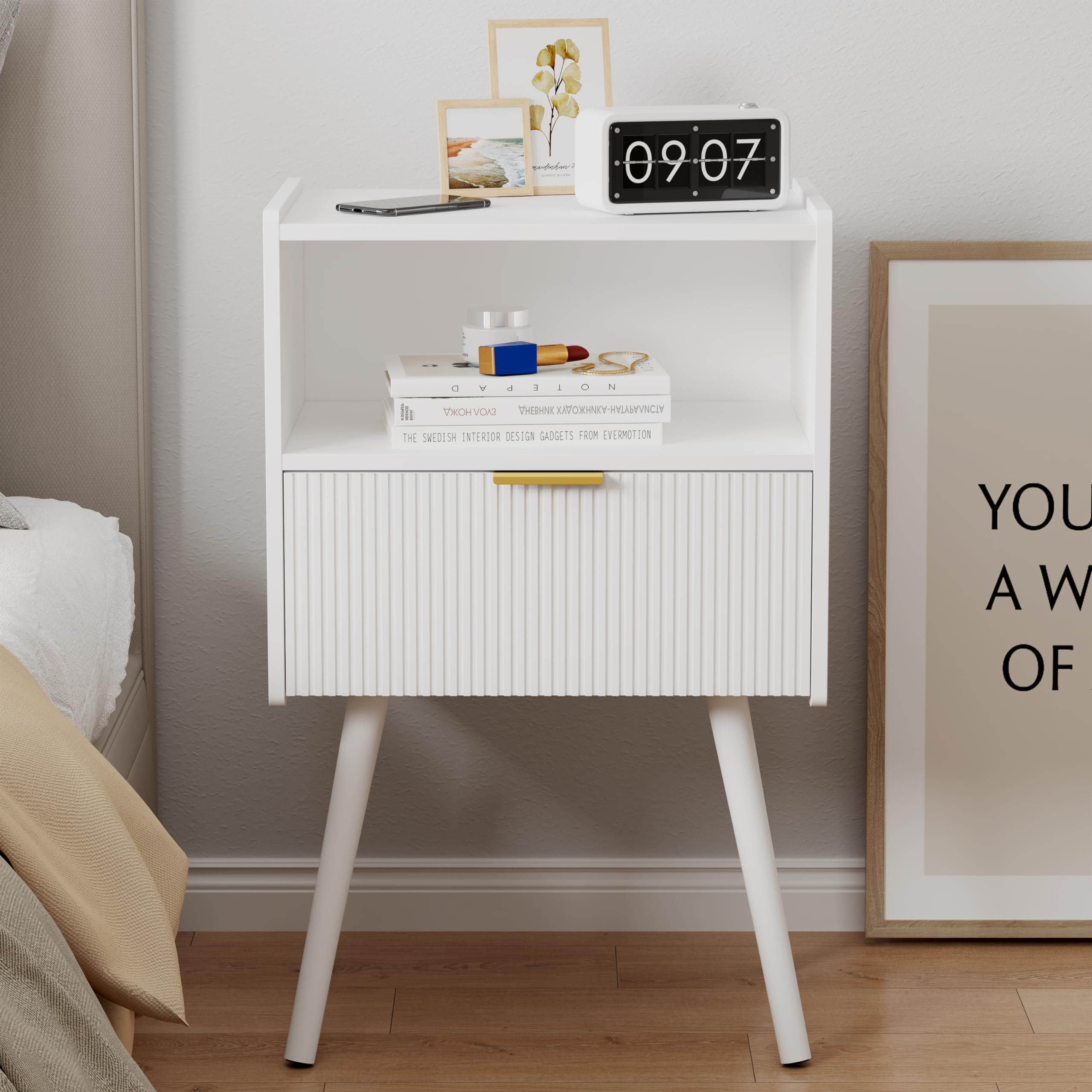 Modern White Nightstand with Storage Drawer & Open Shelf - Solid Wood Legs Bedside Table for Bedroom, Living Room & Small Spaces - Easy Assembly Classic Design - Perfect for Reading Nook, Guest Room & Apartment Decor