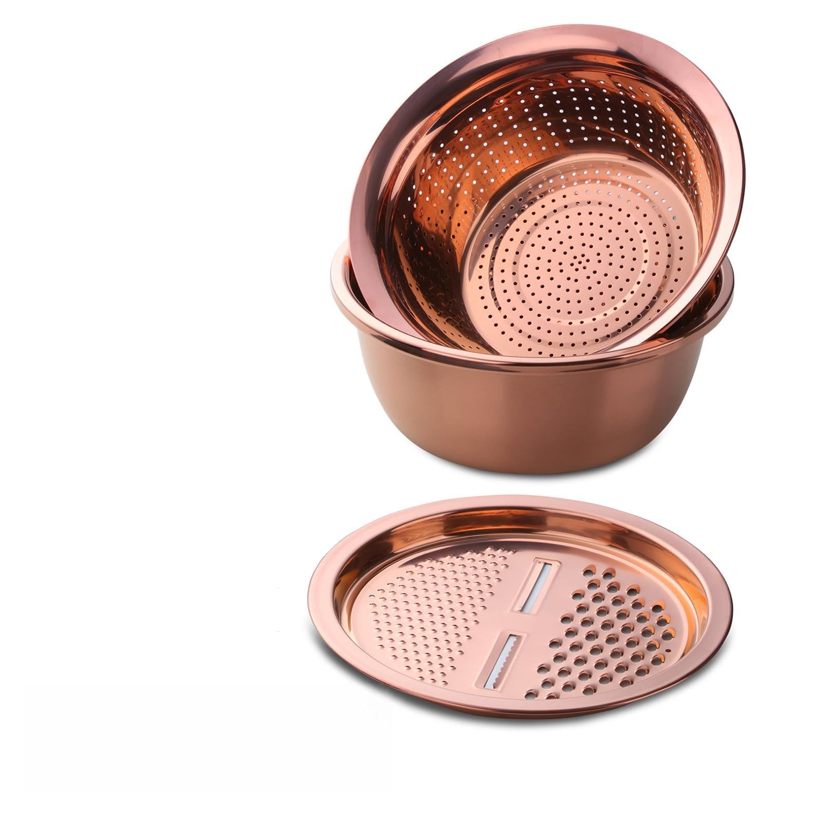 Premium 3-in-1 Stainless Steel Colander Set - Fine Mesh Kitchen Strainer for Fruits & Vegetables - Rose Gold Design - Ideal for Washing, Draining & Serving Salads, Pasta, Berries