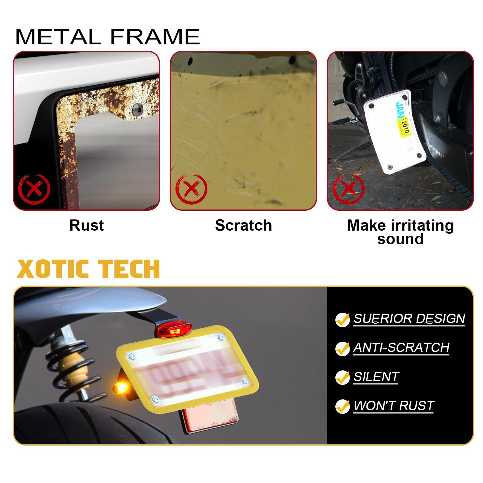Xotic Tech Motorcycle Silicone License Plate Frame - Durable, Rust Proof, Rattle Proof & Weather Resistant Motorbike Plate Holder (Yellow, 7.56