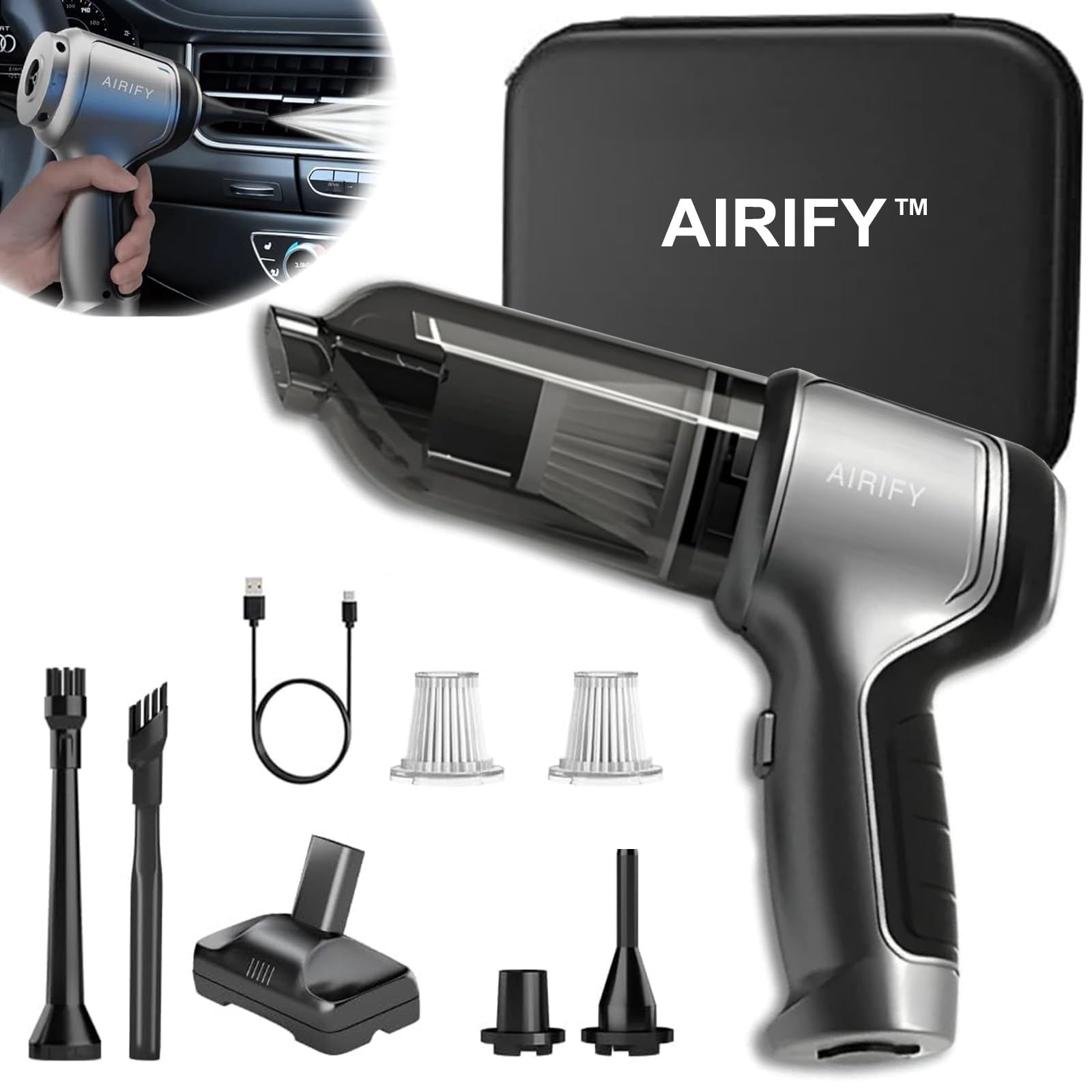 Airify Pro Vac V2 - Portable Car Vacuum Cleaner & Air Blower, Strong Suction, Low Noise, Rechargeable Battery - Ideal for Car Detailing, Home Cleaning, Pet Hair Removal & Small Spaces
