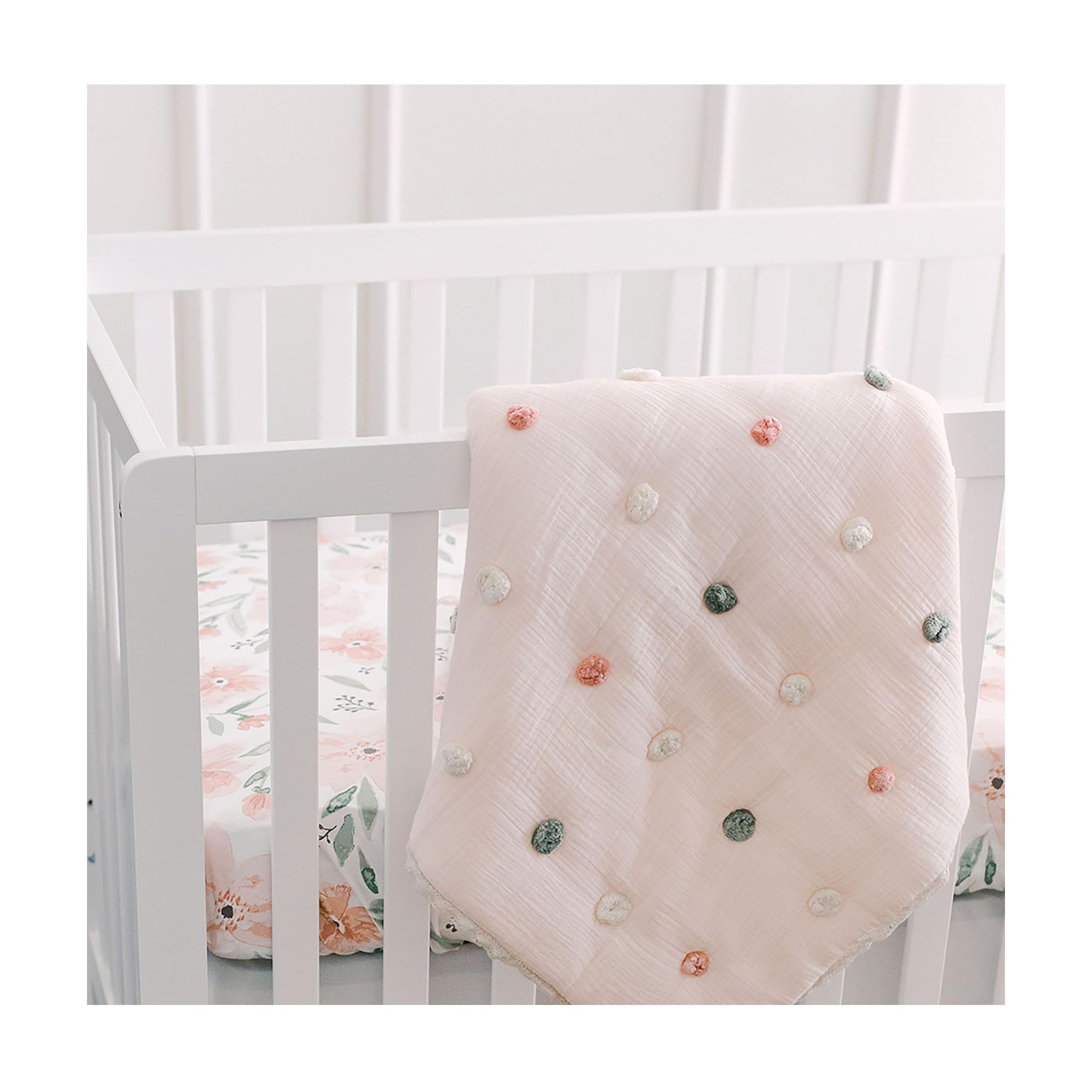 Soft Cotton Crane Baby Blanket with Pom Poms - 36
