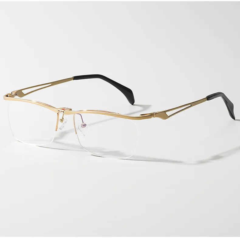 Men's Titanium Semi-Rim Square Browline Eyeglasses Frame 14489 - Lightweight & Durable for Office, Reading & Everyday Use