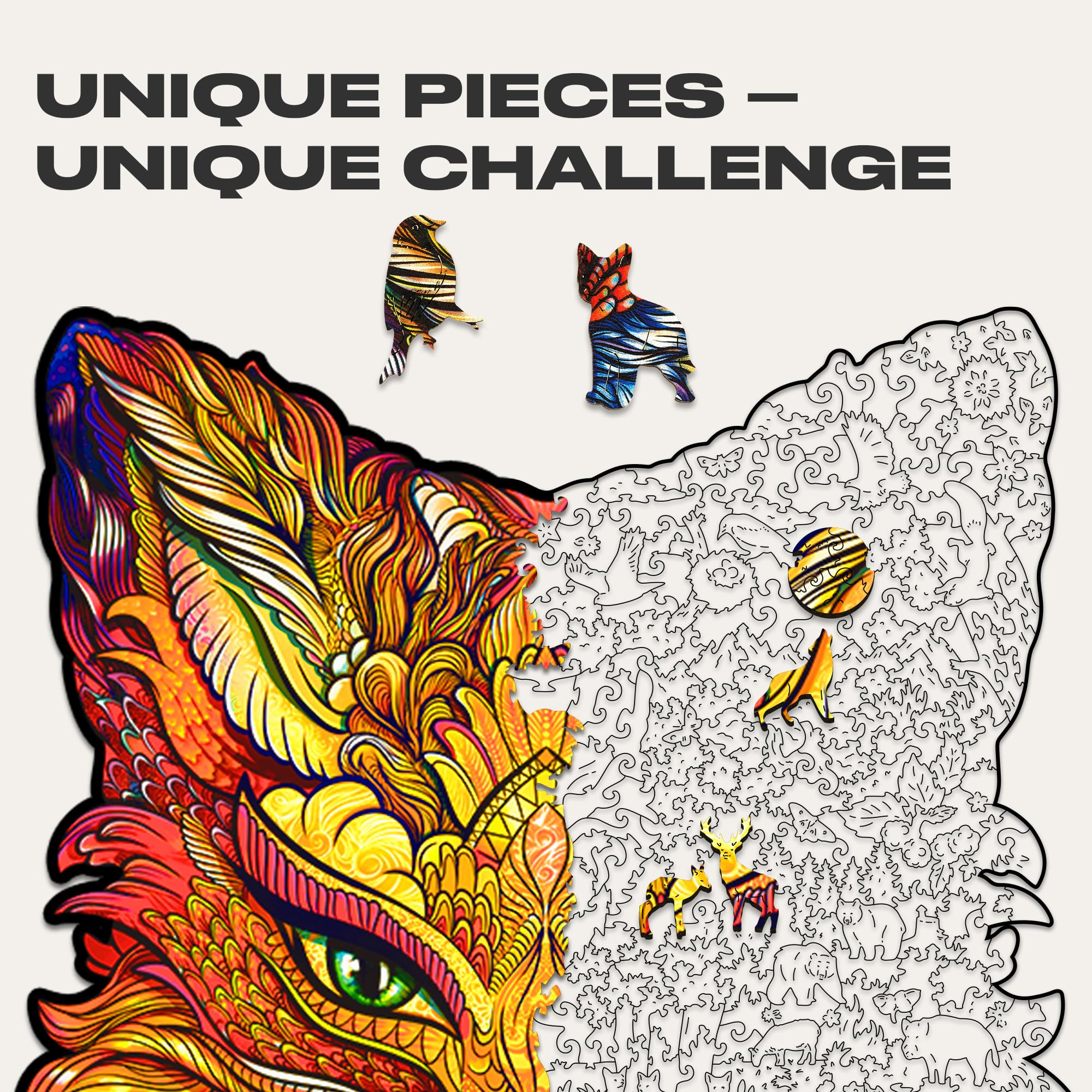 UNIDRAGON Original 700-Piece Wooden Jigsaw Puzzle - Fiery Fox Art, Royal Size 16.1