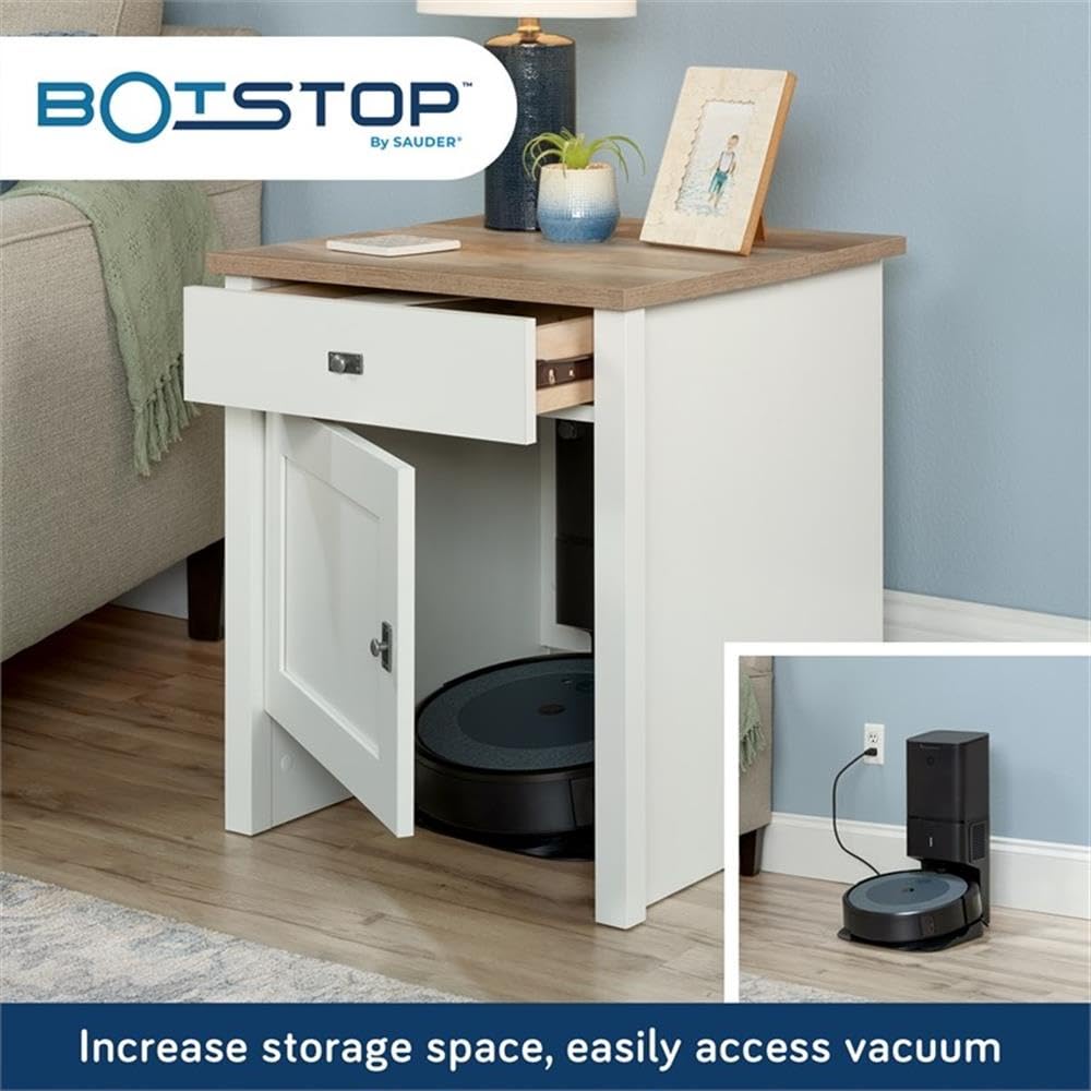 Sauder HomePlus Robot Vacuum Storage Side Table - Soft White End Table with Cabinet for Living Room & Bedroom - Perfect for Organizing Cleaning Supplies & Home Decor