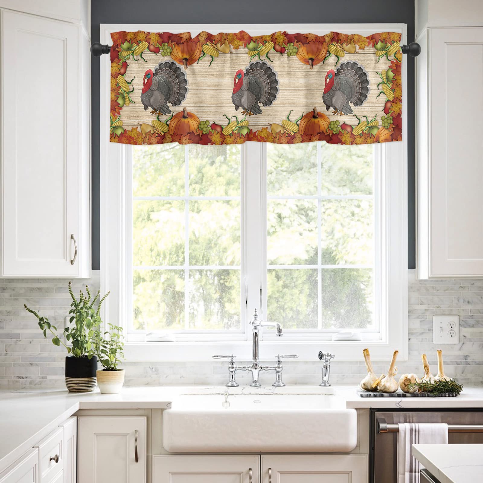 Thanksgiving Kitchen Curtains Set - 3PC Farmhouse Style Valance & Tier Curtains with Pumpkin, Maple Leaf & Turkey Designs - 27.5