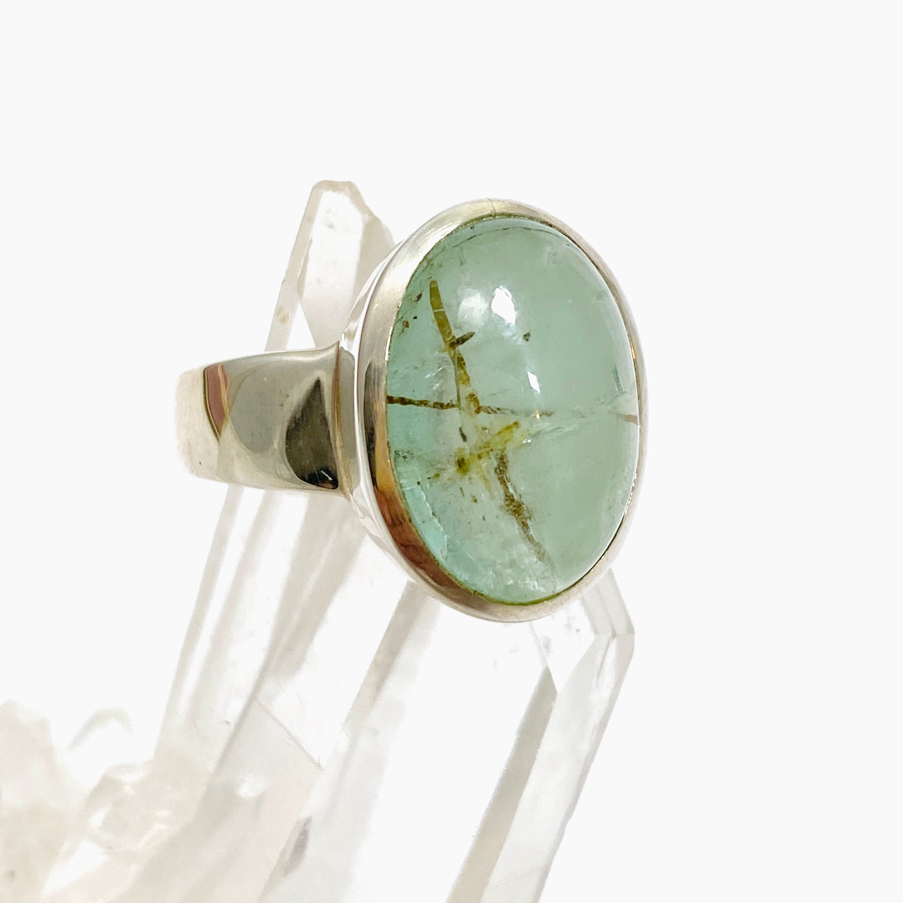 Emerald and Rutile Oval Cabochon Ring - Size 8.5 - Handmade Sterling Silver Jewelry - Perfect for Wedding, Anniversary & Special Occasion Gifts