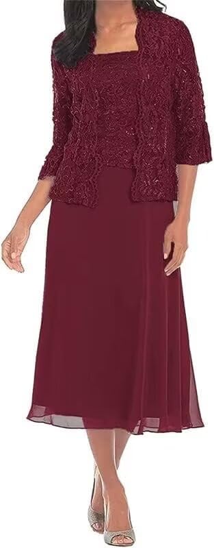 Elegant Burgundy Tea Length Mother of The Bride Dress - Plus Size Wedding Guest Gown US 16W - Perfect for Formal Weddings, Receptions & Special Occasions