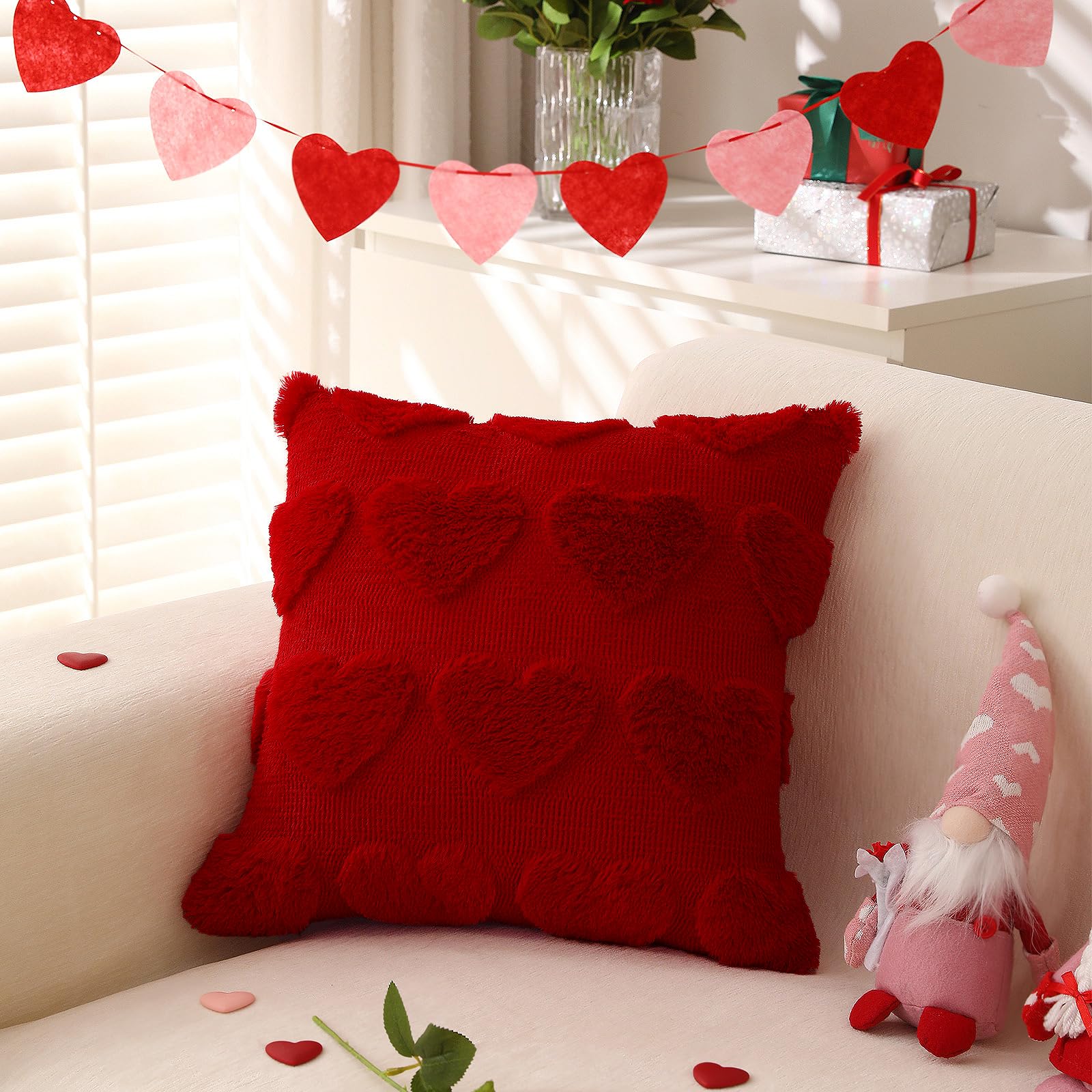 Valentine's Day Throw Pillow Covers 18x18 Inch Set of 2 - Soft Plush Faux Fur Heart-Shaped Decorative Pillow Cases for Couch, Sofa, Living Room & Bedroom Decor - Perfect for Romantic Home Decor, Anniversary Gifts & Cozy Winter Accents
