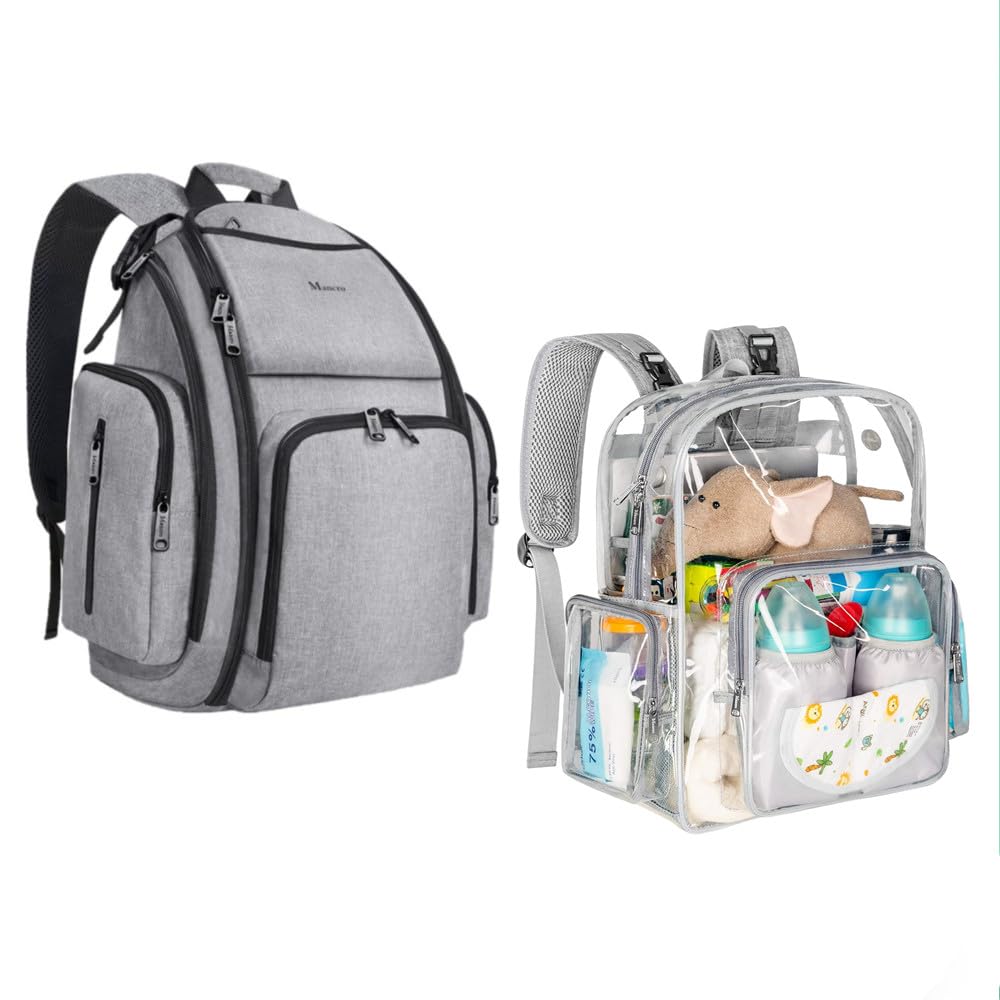 **Mancro Clear Heavy Duty Transparent Diaper Backpack for Dads - Large Multifunctional Travel & Maternity Baby Bag - Stadium Approved Nappy Changing Backpack for Parenting, Travel & Outdoor Adventures**