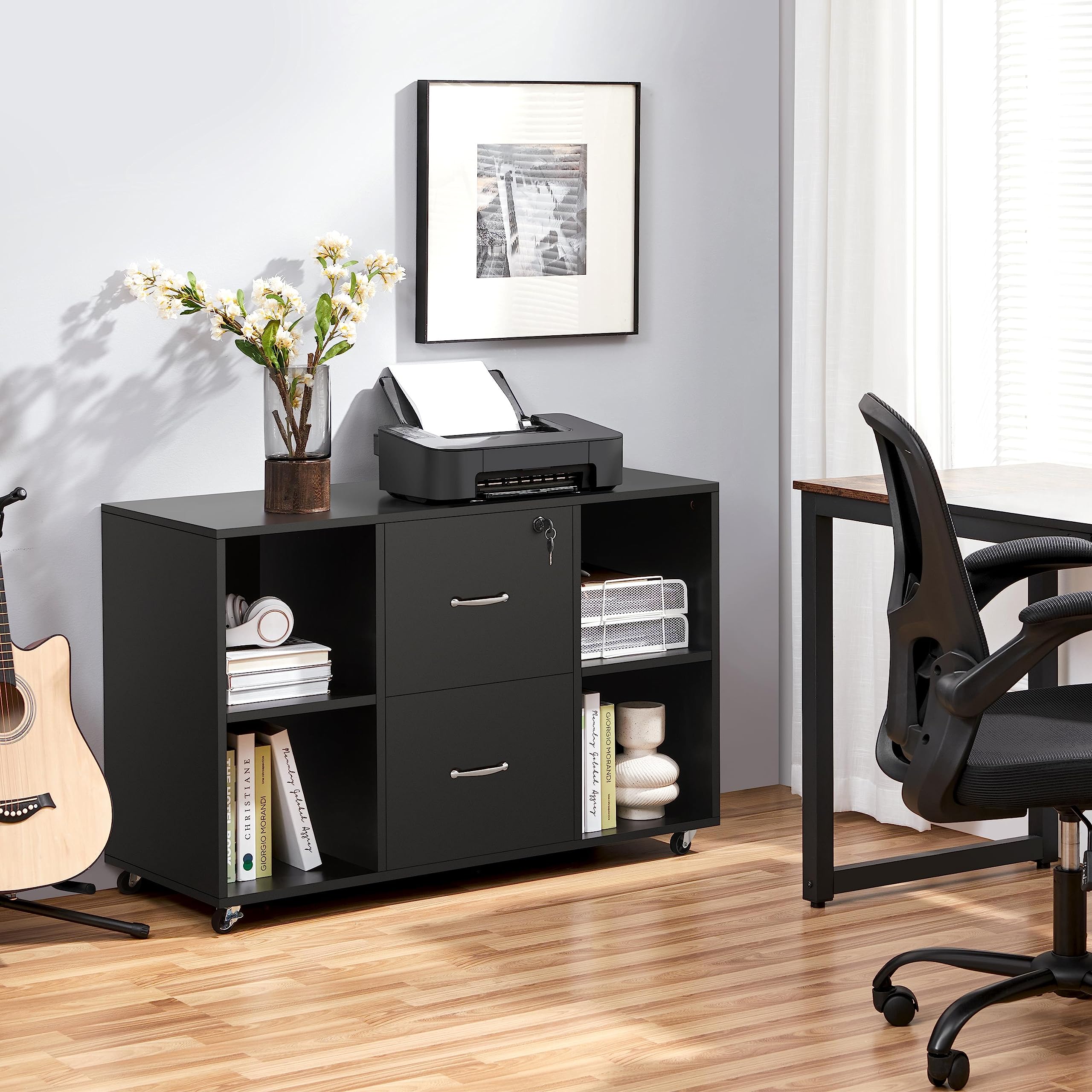 Topeakmart Black File Cabinet - Large Mobile Filing Cabinet with Storage for Letter & A4 Size - Heavy Duty Printer Stand for Home Office - Perfect for Organizing Documents in Small Spaces & Workspaces