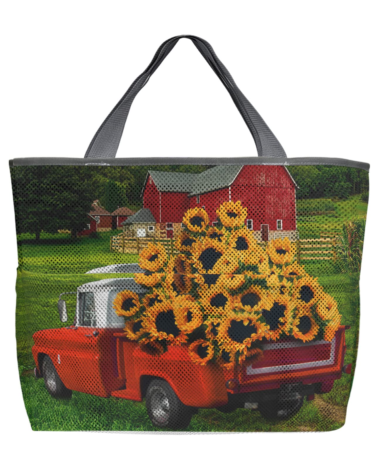 Sunflower Mesh Beach Tote Bag - 60L Oversized Quick-Dry Swim Bag with Pockets | Foldable Lightweight for Pool, Beach & Grocery Shopping | Farm & Barn Toy Storage | 24