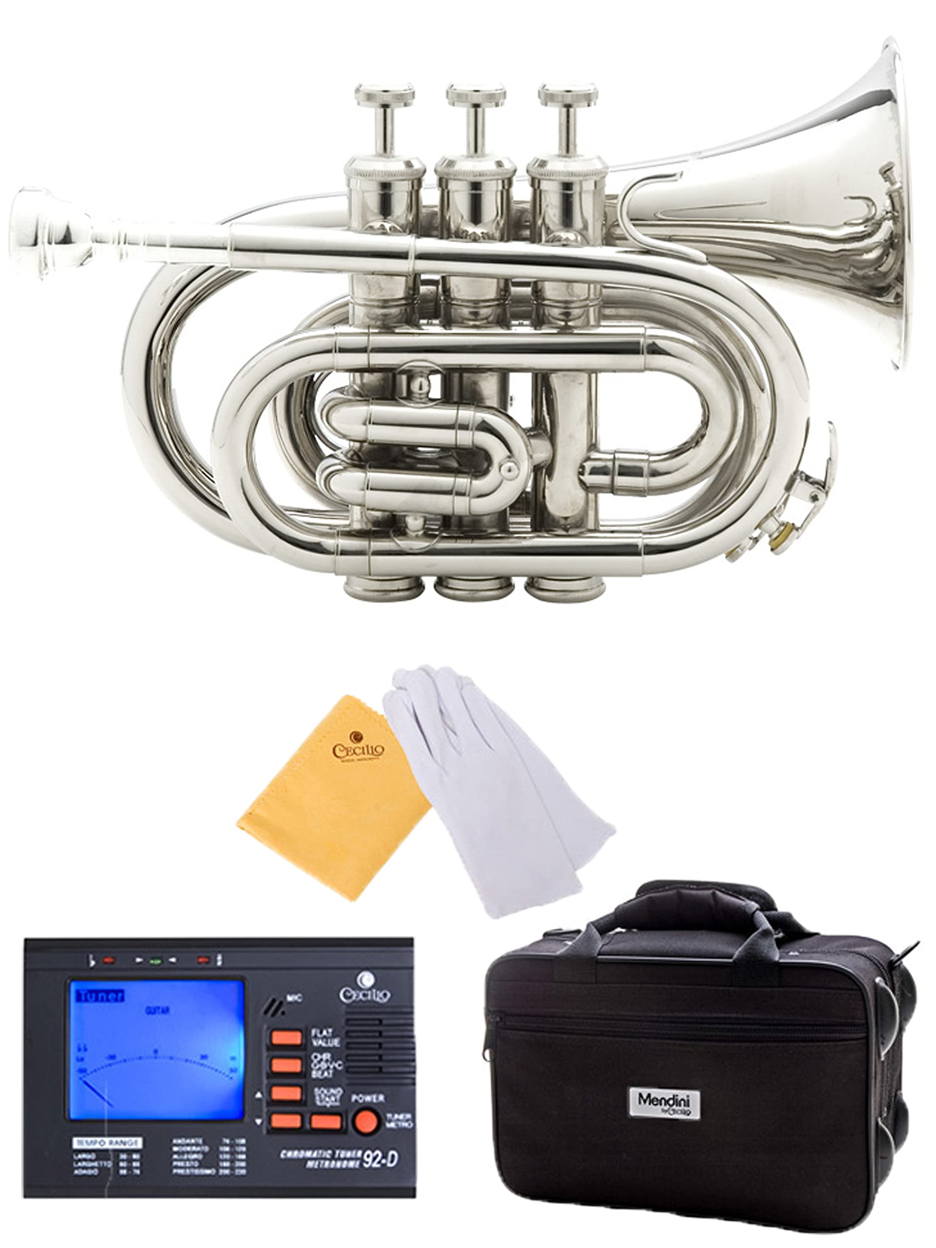 Mendini by Cecilio MPT Brass Bb Pocket Trumpet - Nickel Plated with Tuner, Case & Mouthpiece | Compact Travel Trumpet for Beginners, Students & Jazz Performances