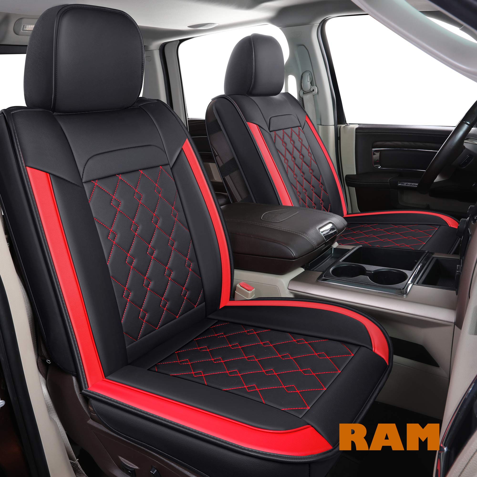 LUCKYMAN CLUB D01-ZGJ Universal Ram Truck Seat Covers - Compatible with 2011-2022 Ram 1500/2500/3500 Models (Express, Tradesman, Big Horn, Laramie, Longhorn, Outdoorsman) - Crew/Quad/Regular/Mega Cab - Includes Center Console Cover - Black & Red Design - Perfect for Work Trucks, Off-Road Adventures & Daily Commuting