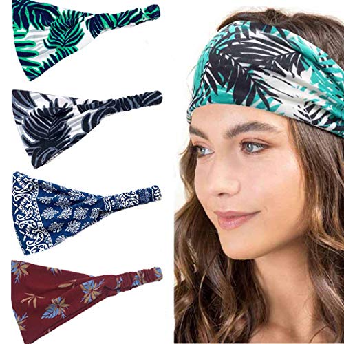 Bohemian Headbands for Women - 4 Pack Stretchy Yoga Headwraps, Floral Sports Hair Bands, Soft Elastic Vintage Head Accessories - Perfect for Yoga, Beach, Workouts & Casual Wear