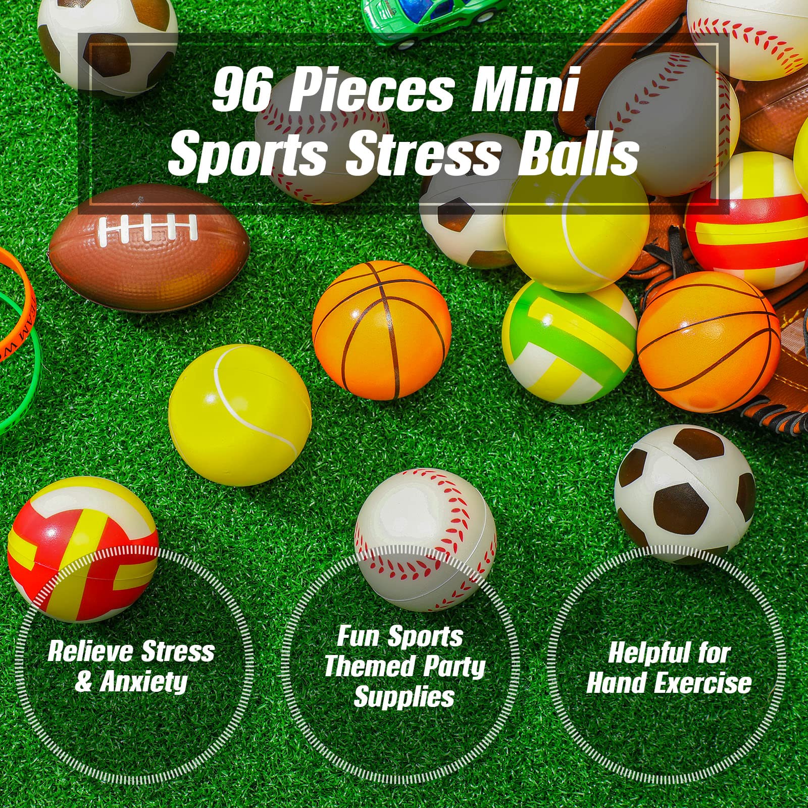 96 Pack 2.5 Inch Mini Foam Sports Stress Balls - Basketball, Football, Baseball, Soccer, Tennis, Volleyball with Storage Bag - Perfect for Pool Party, Beach Games, Birthday Favors, Classroom Rewards & Stress Relief Toys