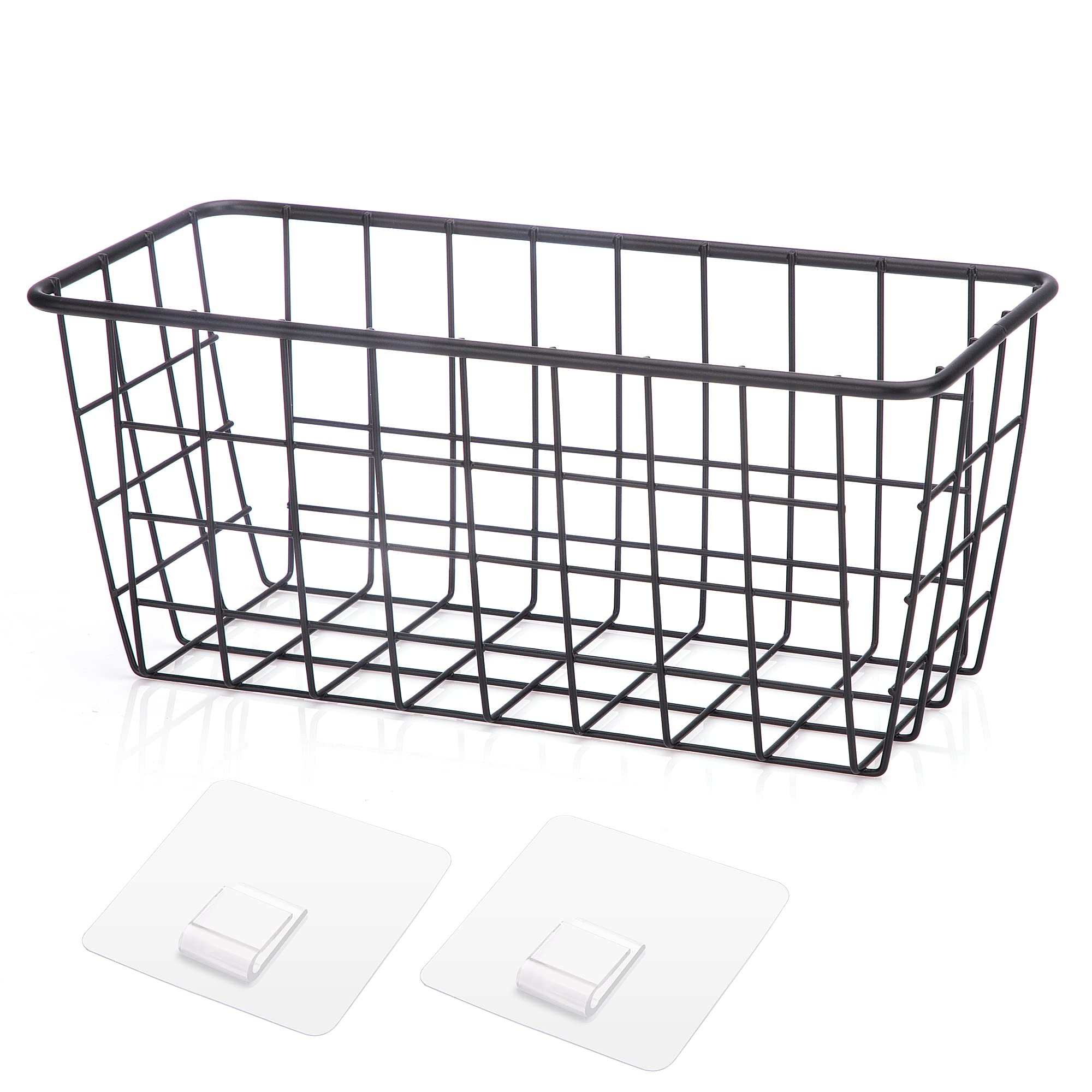 Hanging Kitchen Baskets - Adhesive Sturdy Wire Storage Baskets for Food Pantry, Bathroom, and Shelf Organization - No Drilling Wall Mounted, Black, 4 Pack - Perfect for Small Spaces and Clutter-Free Living