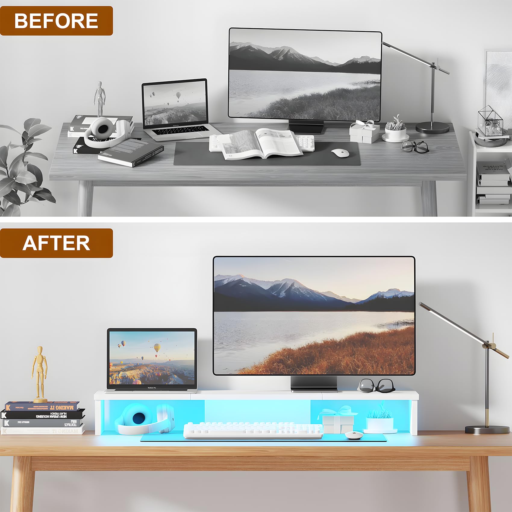 Dual Monitor Stand with LED Lights - Adjustable Large Desk Riser for 2 Computer Monitors, Laptop & TV - Space Saving Desktop Organizer for Home Office, Gaming Setup & Workstation (White)