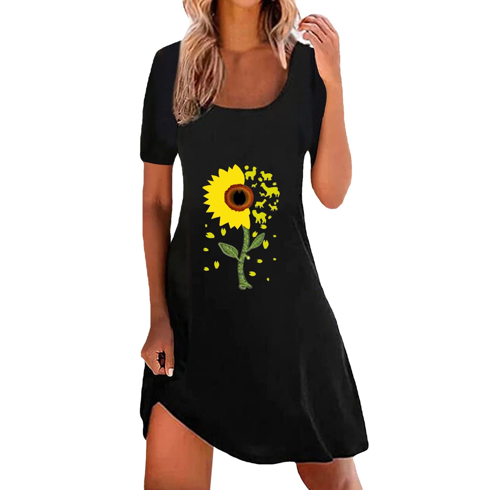 Floral Summer Dress for Women - Round Neck Short Sleeve Sunflower Print Casual Sexy Dress | Perfect for Beach Vacations, Date Nights & Summer Parties