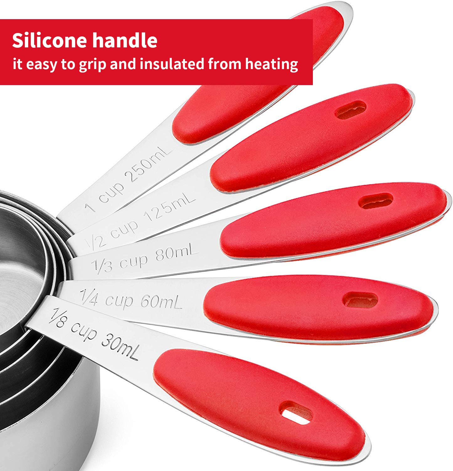 10-Piece Stainless Steel Measuring Spoons and Cups Set with BPA-Free Silicone Grips - Accurate Kitchen Measuring Tools for Cooking, Baking & Meal Prep - Dishwasher Safe, Red