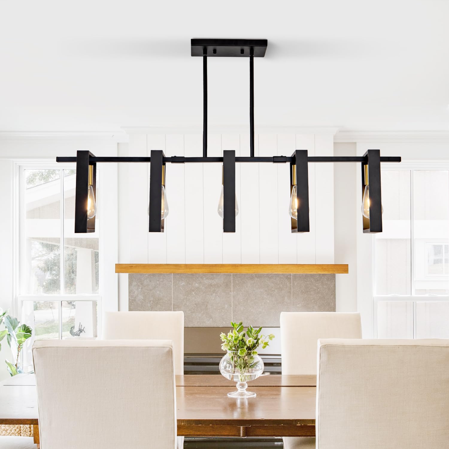 Rustic Farmhouse Wood Chandelier - 5-Light Black Kitchen Island Pendant Lighting, Adjustable Height 41.3