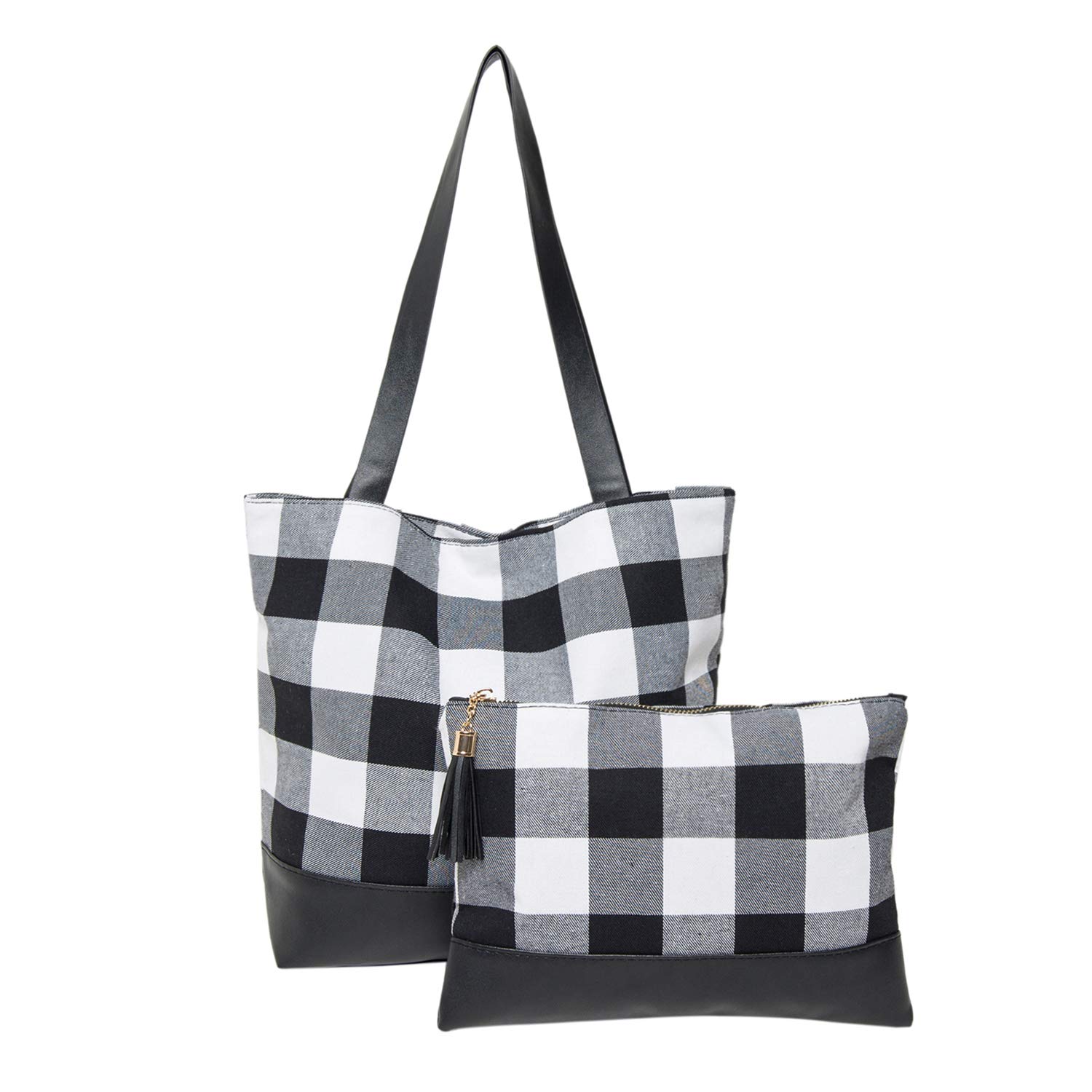 Buffalo Plaid Tote & Makeup Bag Set for Women - White & Black - Perfect for Travel & Daily Use