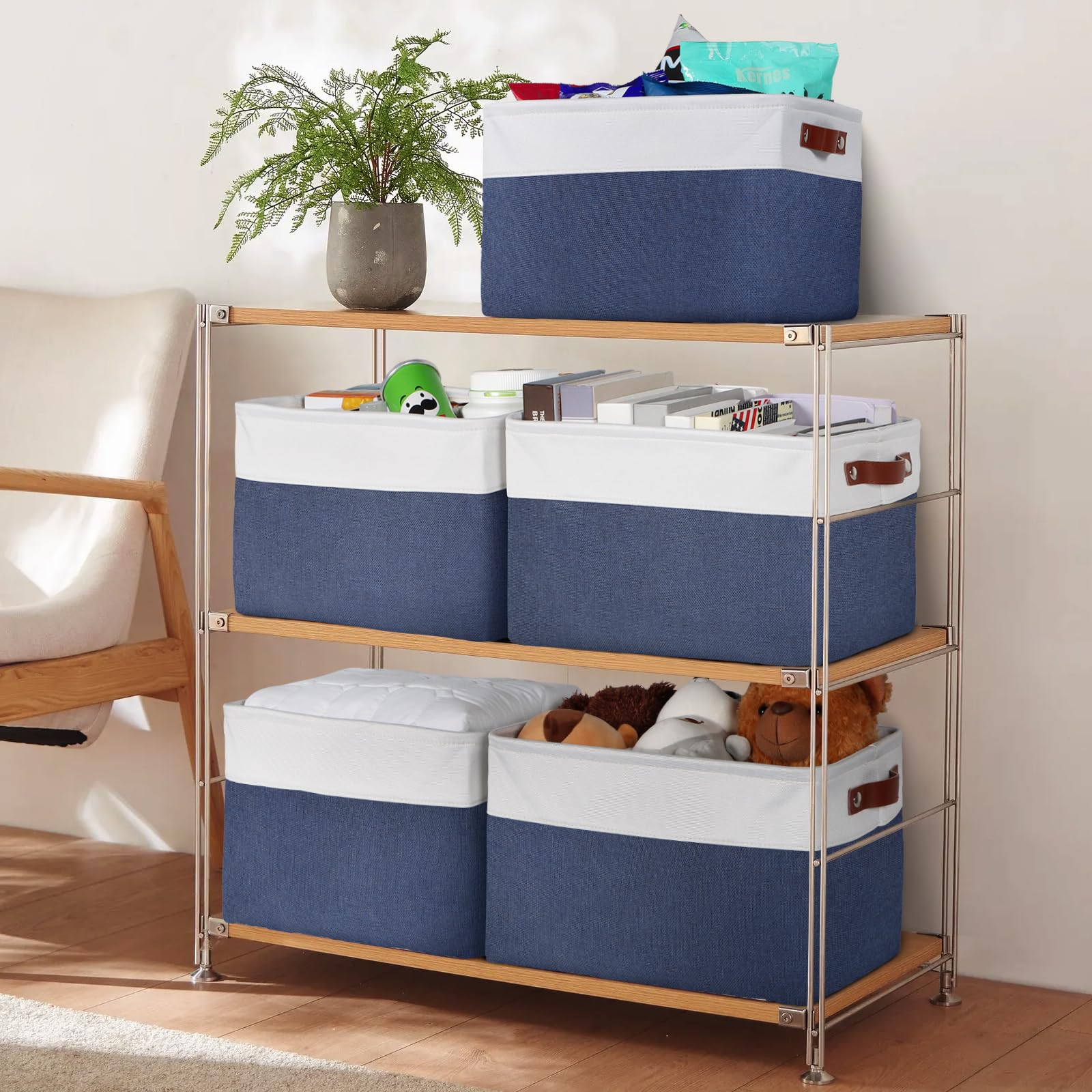 Univivi 4-Piece Large Foldable Fabric Storage Baskets with Handles & Hard Bottom (15x10.5x9.5 Inch) - Closet Organizer Bins for Shelves, Bedroom, Nursery & Office - Blue Home Organization Storage Solutions