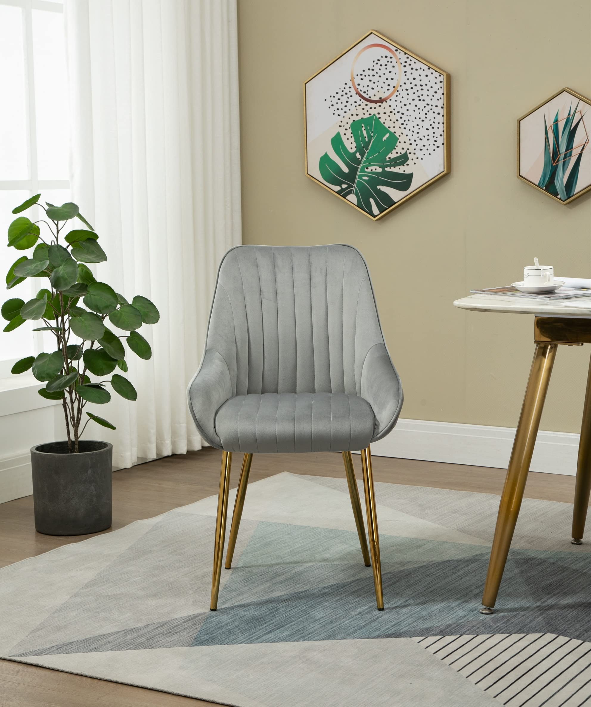 Velvet Upholstered Dining Chair with Gold Legs - Elegant Tufted Living Room & Bedroom Vanity Chair, 250lbs Capacity, Comfortable Desk & Leisure Chair for Home Office, Dining Room & Bedroom Decor (Gray)