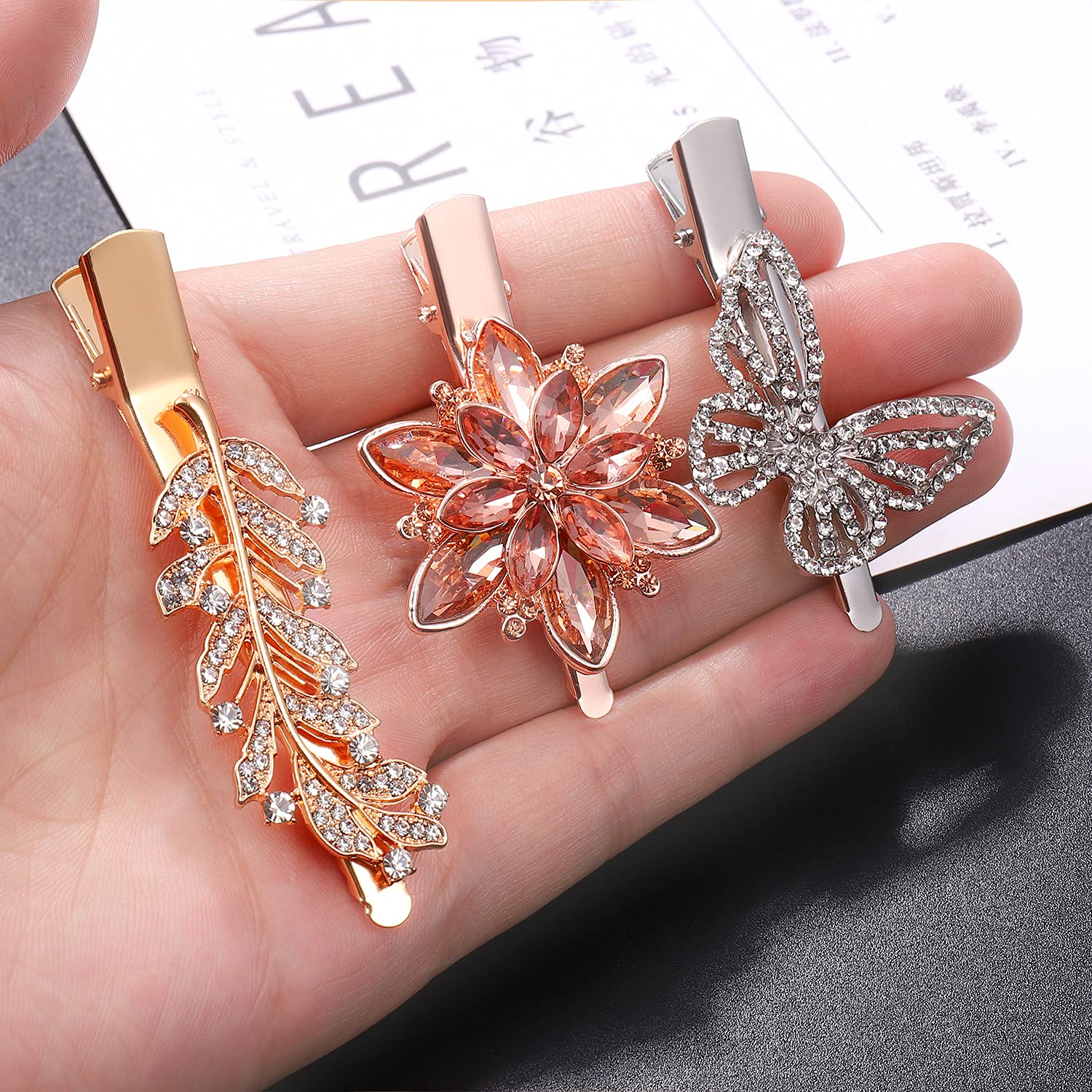 BVGA 3 Pairs Rhinestone Hair Clips for Women - Crystal Flower Butterfly Leaf Hair Barrettes, Elegant Hair Accessories for Women & Girls - Perfect for Weddings, Parties & Daily Styling