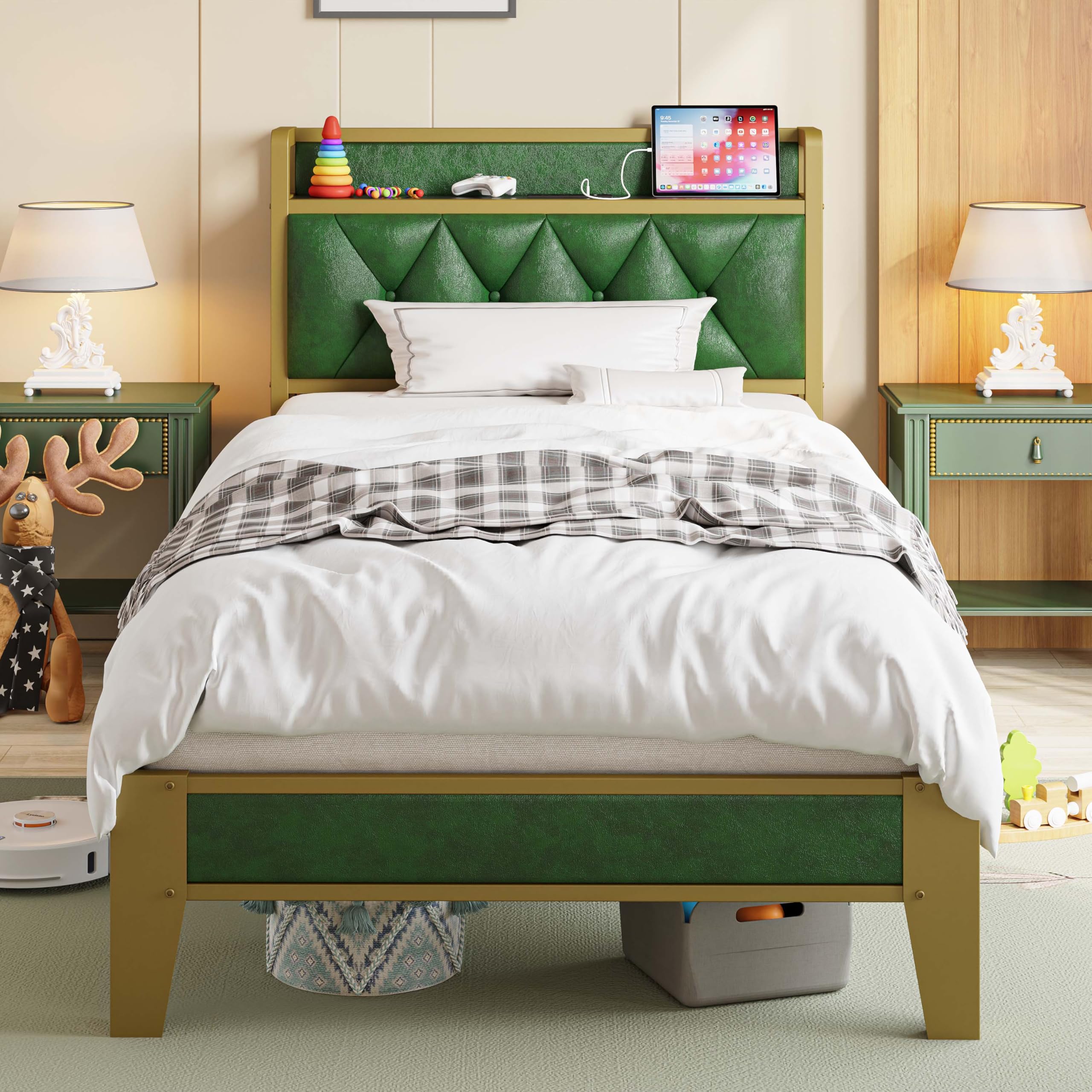 ANCTOR Twin Bed Frame with Storage Headboard & USB Outlets - Easy Assembly, Sturdy Metal Platform Bed, No Box Spring Needed, Quiet & Stable - Perfect for Small Spaces, Dorms, Guest Rooms & Apartments (Emerald Green)