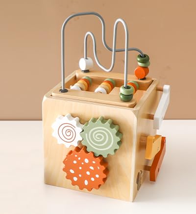 6-in-1 Wooden Montessori Busy Cube Activity Center - Sensory Bead Maze & Shape Sorter Learning Toy for 1 Year Old Toddlers - Perfect First Birthday Gift for Boys & Girls | Educational Play for Home, Daycare & Travel