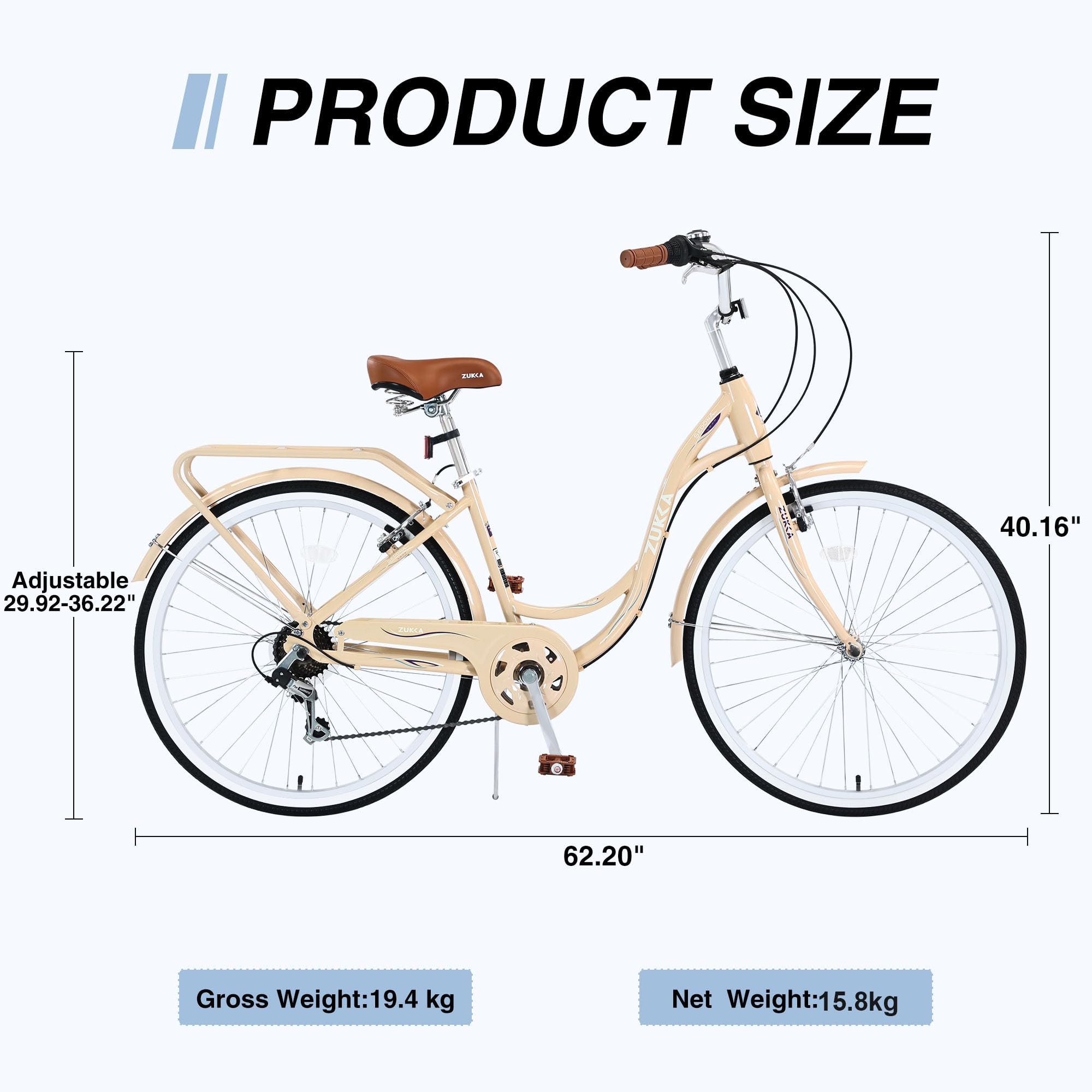 ZUKKA 24/26 Inch Women's Beach Cruiser Bike - 7 Speed City Bicycle with Dual V-Brakes & Adjustable Seat - Comfortable Adult Cruiser for Women & Men in Multiple Colors - Perfect for Beach Rides, City Commuting & Leisure Cycling