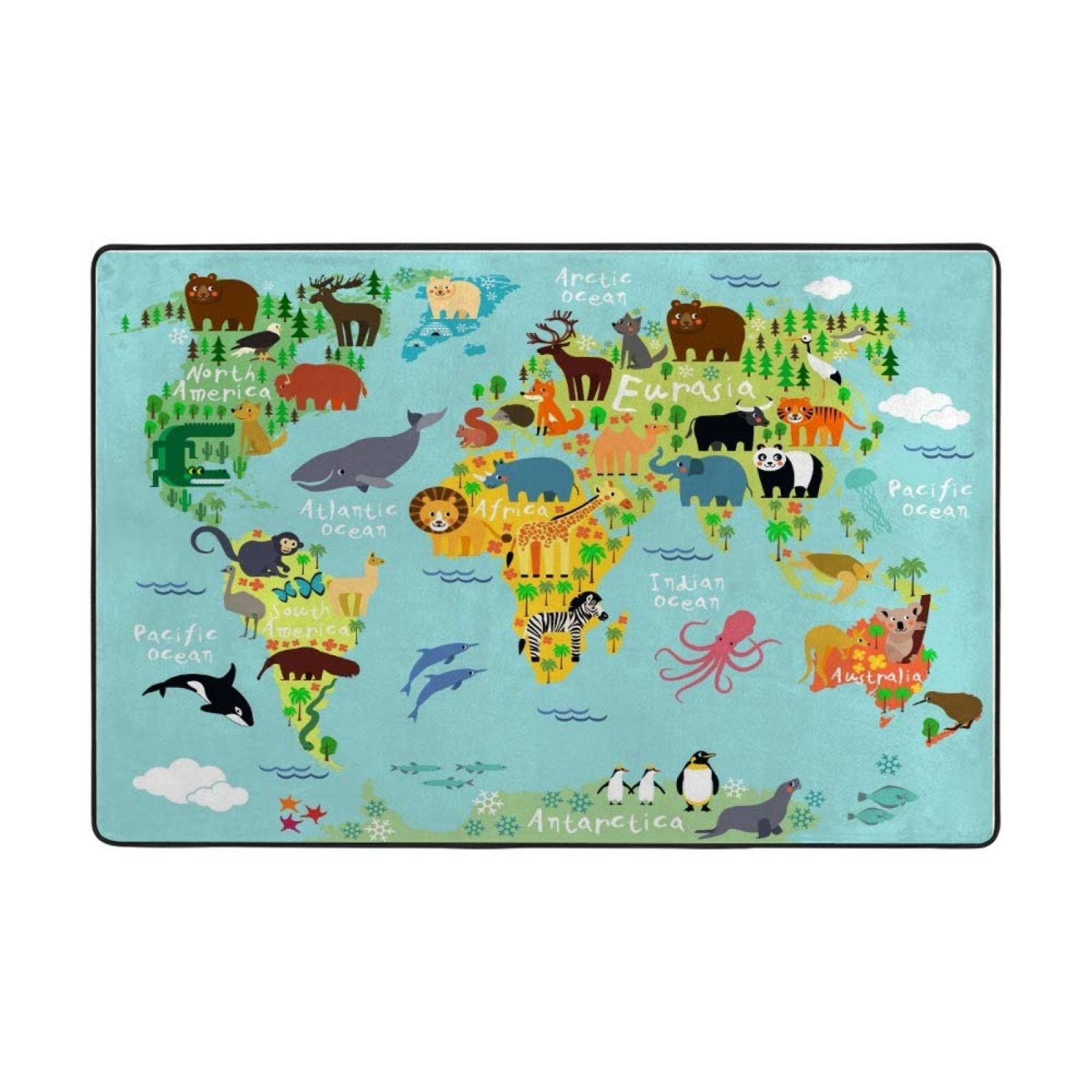 Educational Kids World Map Rug with Animal Distribution - Non-Slip 6'x4' Floor Carpet for Playroom, Classroom & Nursery - Living Room, Bedroom Home Decor Learning Mat for Children