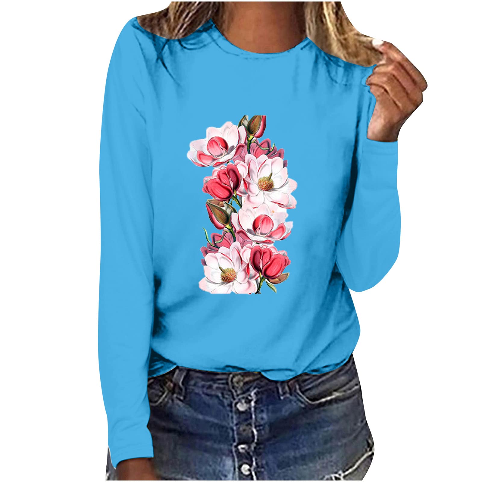 Women's Floral Print Long Sleeve Shirt - Trendy Round Neck Casual Blouse for Fall | Perfect for Autumn Outfits, Office Wear & Weekend Casual Looks