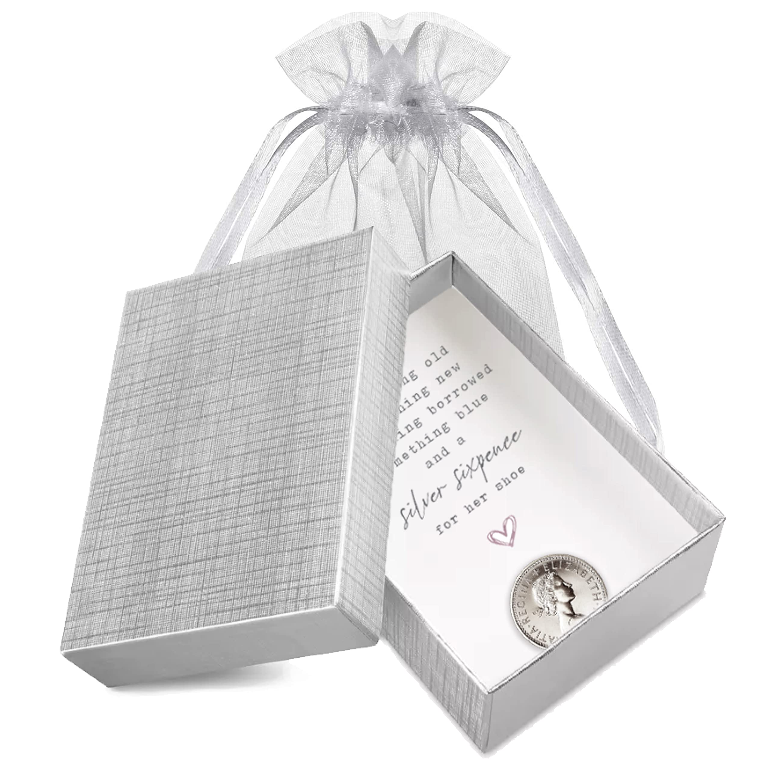 Lucky Silver Sixpence Charm for Bride's Shoe - Wedding Gift, Valentine's Proposal & Bridal Shower Keepsake - Queen Elizabeth Coin in Gift Box with Organza Bag - Made in England - Perfect for 'Something Old' Tradition & Good Luck Charms