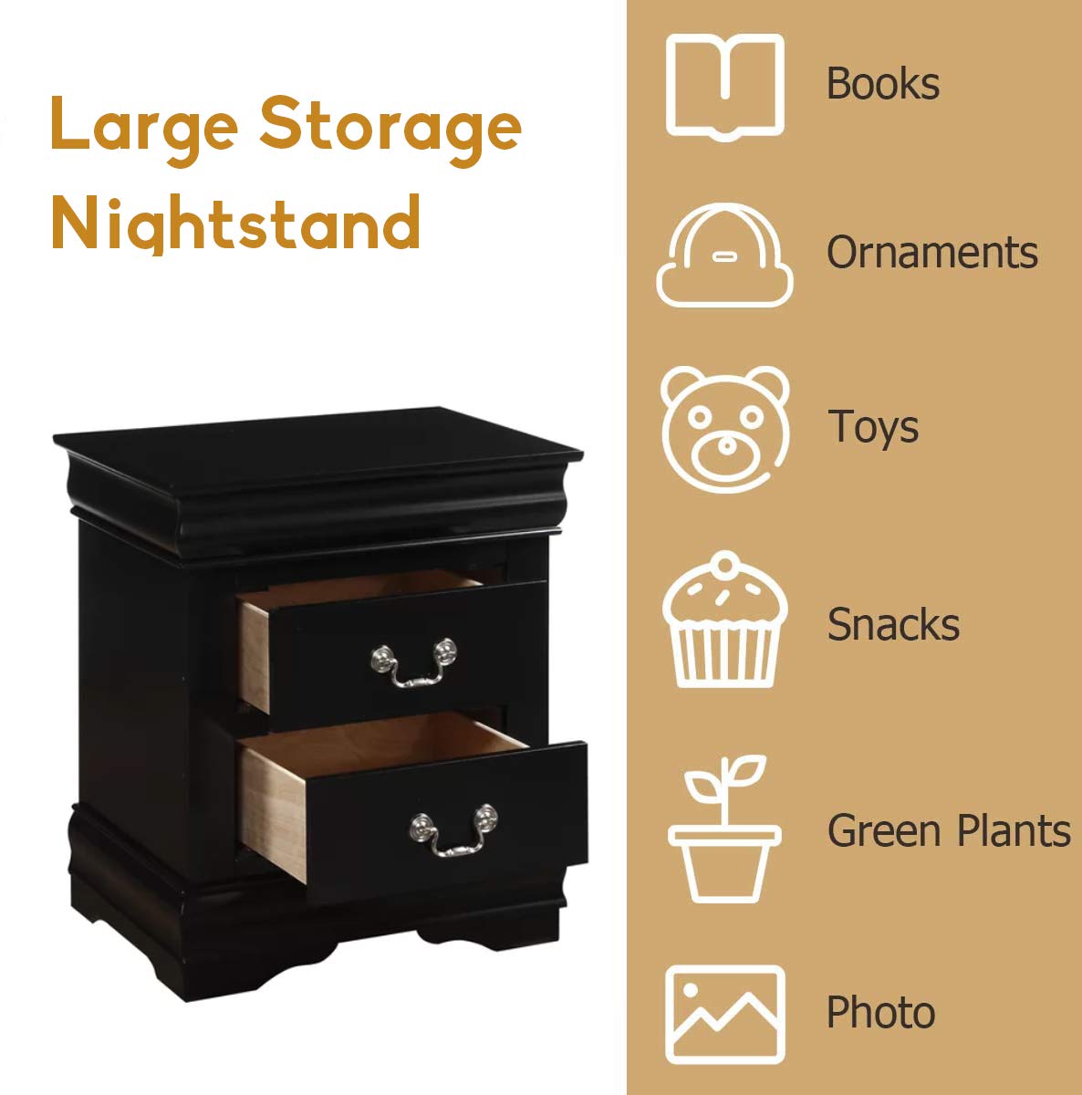 Modern 2-Drawer Nightstand with Handle - Solid Wood Bedside Table for Bedroom, Living Room & Dorm - No Assembly Needed (Black) | Stylish Home Decor & Functional Storage Solution