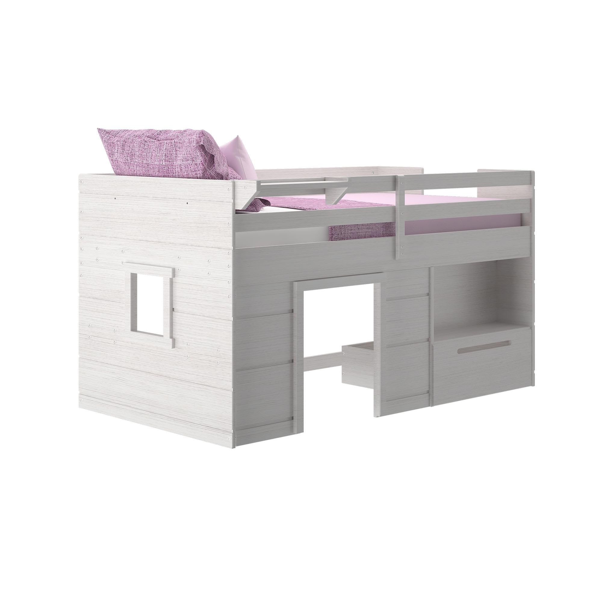 Max & Lily Twin Size Solid Wood Low Loft Bed with Storage Drawer & Ladder - Modern Farmhouse Kids Bedroom Furniture (White Wash) - Perfect for Small Spaces & Sleepovers