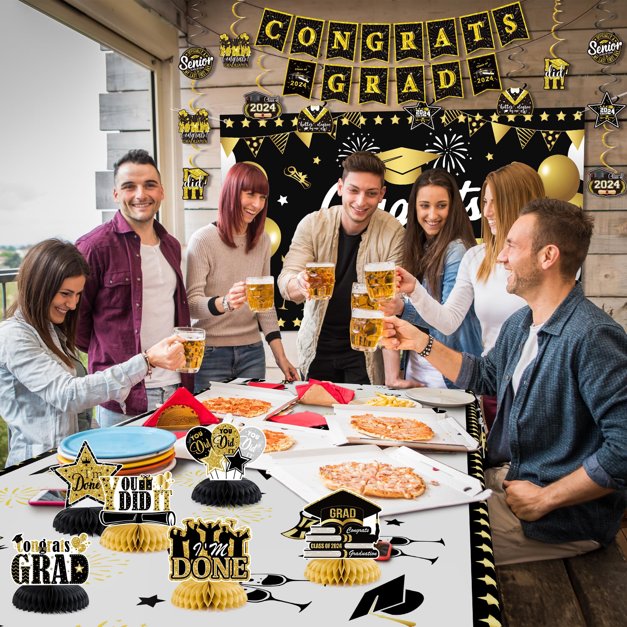 2024 Graduation Decor Kit - Black Gold Banner & Backdrop for Grad Party