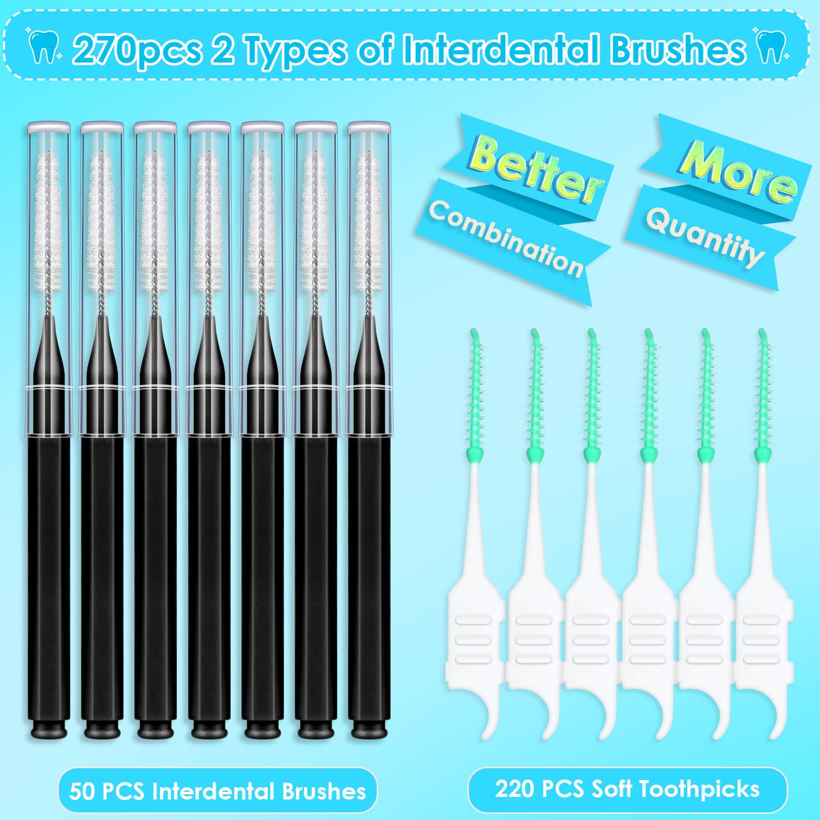 270Pcs Interdental Brush Set with 220 Soft Dental Picks & 50 Braces Brushes - Bendable Flossers for Teeth Cleaning, Orthodontic Care & Oral Hygiene - Perfect for Braces, Gums & Between Teeth Cleaning (Black)