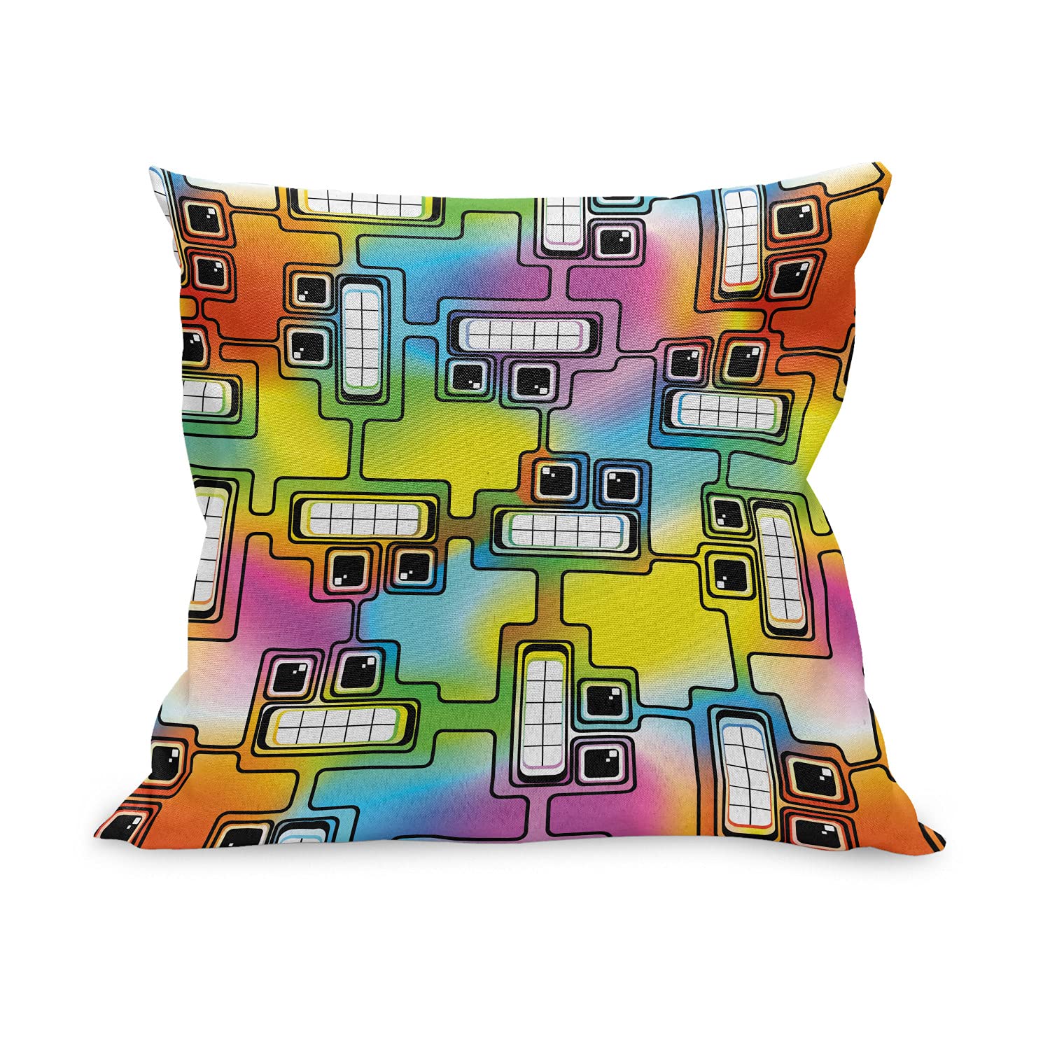 Ambesonne Colorful Hippie Video Game Throw Pillow Cover 16x16 Inch - Fun Digital Characters with Eyes & Teeth Design, Decorative Square Accent Cushion Case for Living Room, Bedroom, Gaming Room - Multicolor