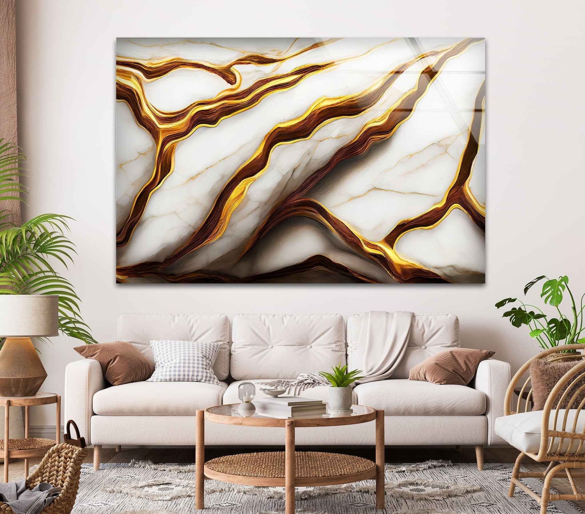 Abstract Golden Details Marble Glass Wall Art - Modern Home Decor for Living Room, Bedroom & Office | Elegant Handmade Glass Panel for Interior Design