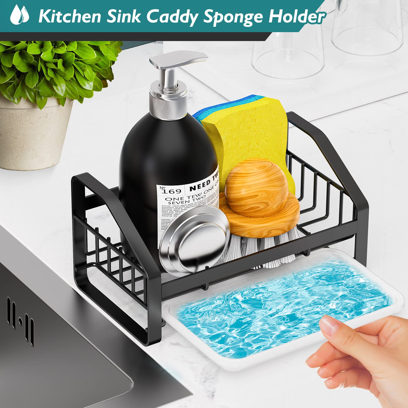 Stainless Steel Sink Caddy & Sponge Holder - 304 Stainless Steel Kitchen & Bathroom Sink Organizer with Removable Drain Tray - Perfect for Countertop Soap Storage & Kitchen Organization (Black) - Ideal for Small Spaces, Apartment Living & Clutter-Free Sinks