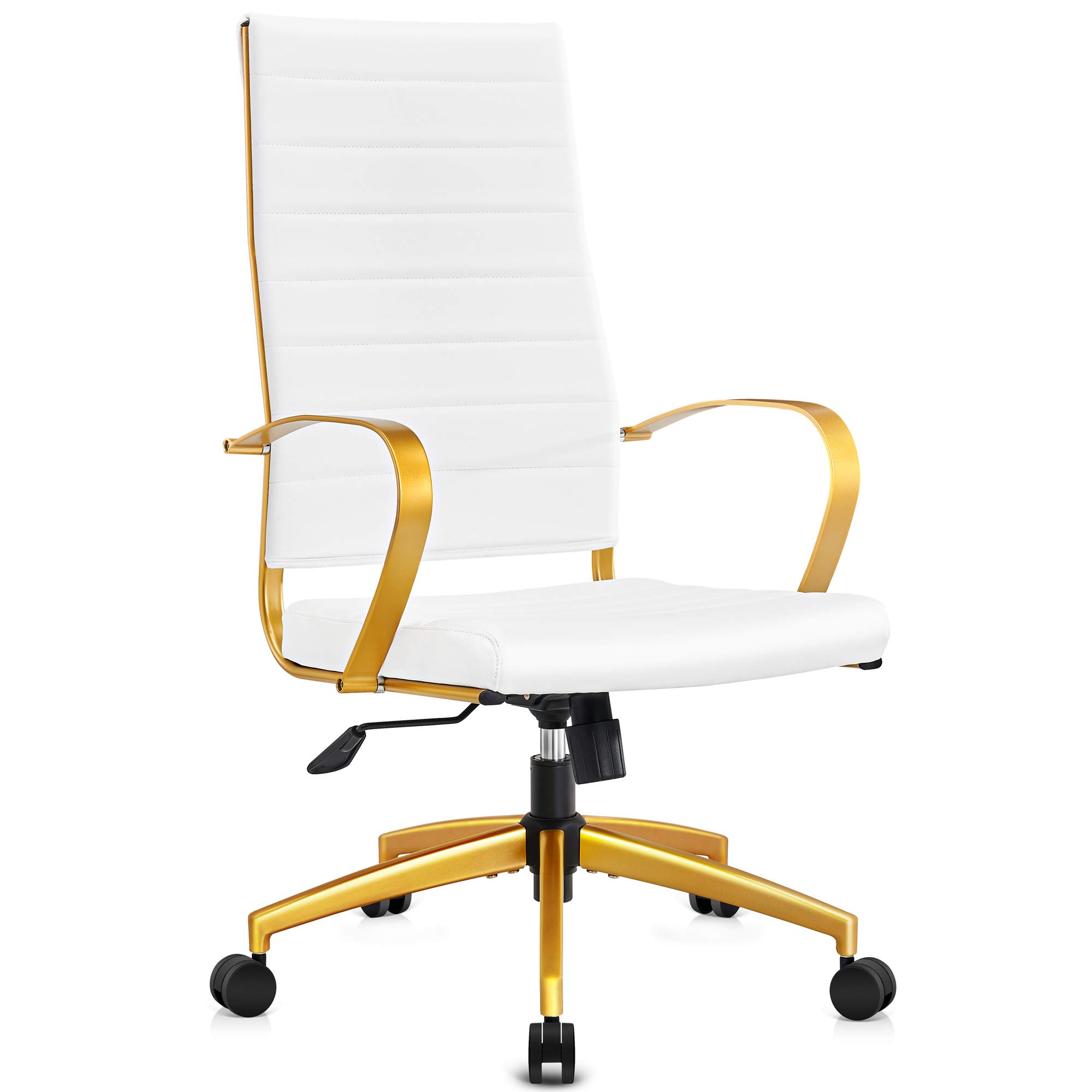 Ergonomic Office Chair - High Back Executive Desk Chair in White Vegan Leather with Gold Accents, Adjustable Height & Lumbar Support for Home Office, Perfect for Long Work Hours & Video Conferencing (White)