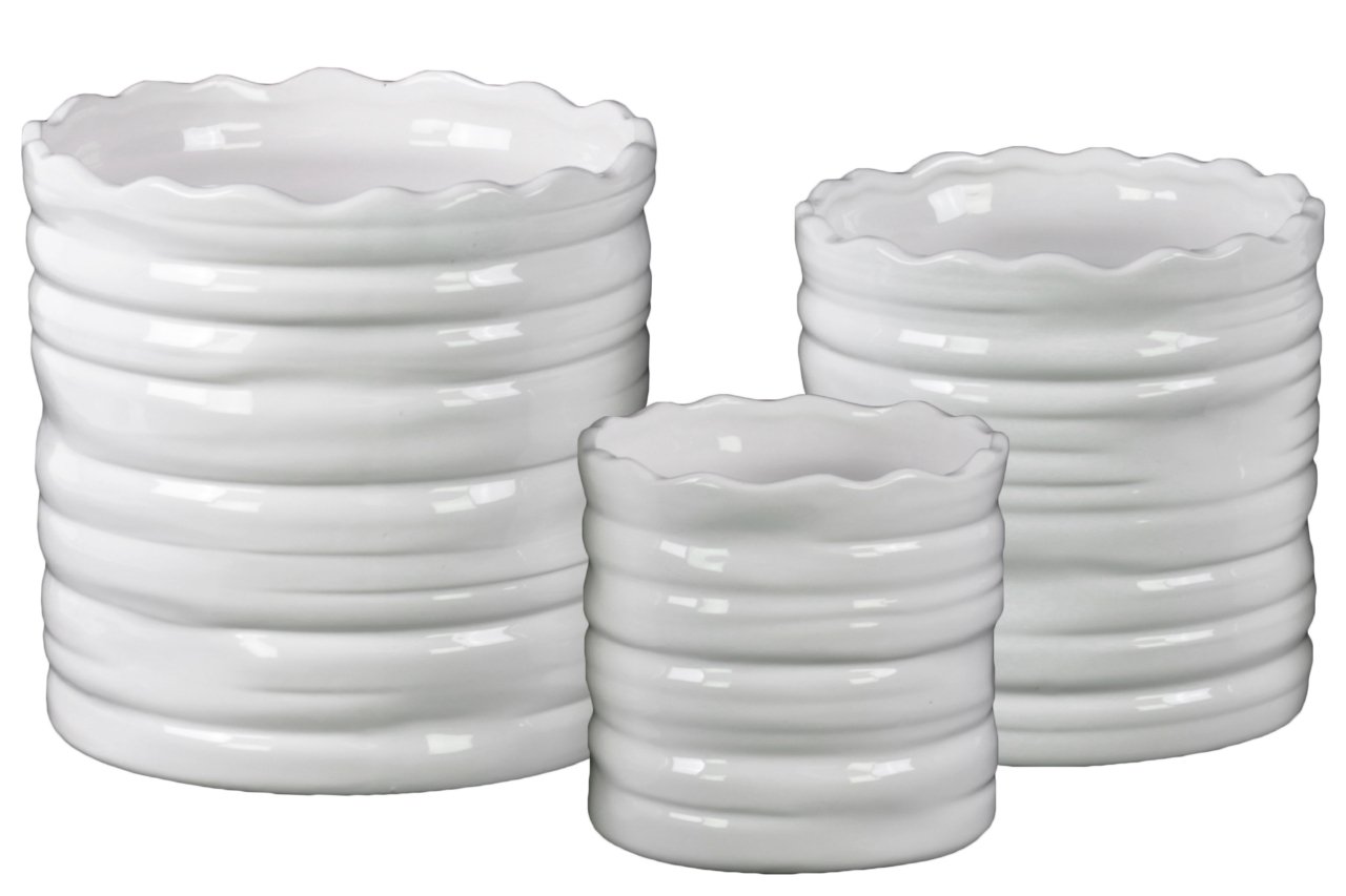 3-Pack White Ceramic Flower Pots with Wave Rim & Ribbed Design - Round Planters for Indoor Plants, Succulents, Herbs | Perfect for Home Decor, Office Desk, Garden & Gift Giving