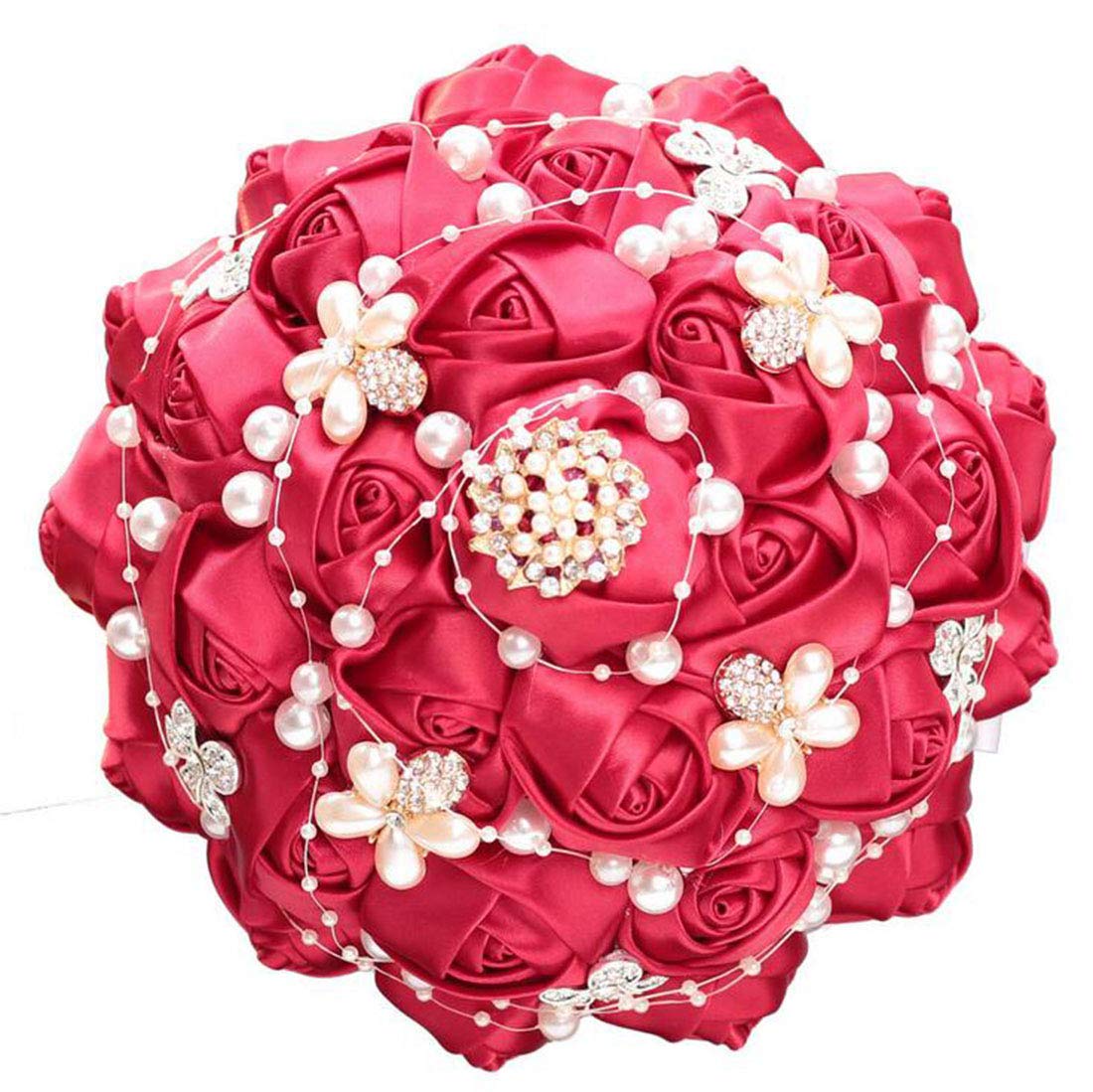 Handmade Artificial Rose Wedding Bouquet with Crystal Pearl & Satin Ribbon - Bride & Bridesmaid Bouquet for Wedding, Church, Engagement, Valentine's Day Party - Perfect for Toss Bouquet & Home Decor
