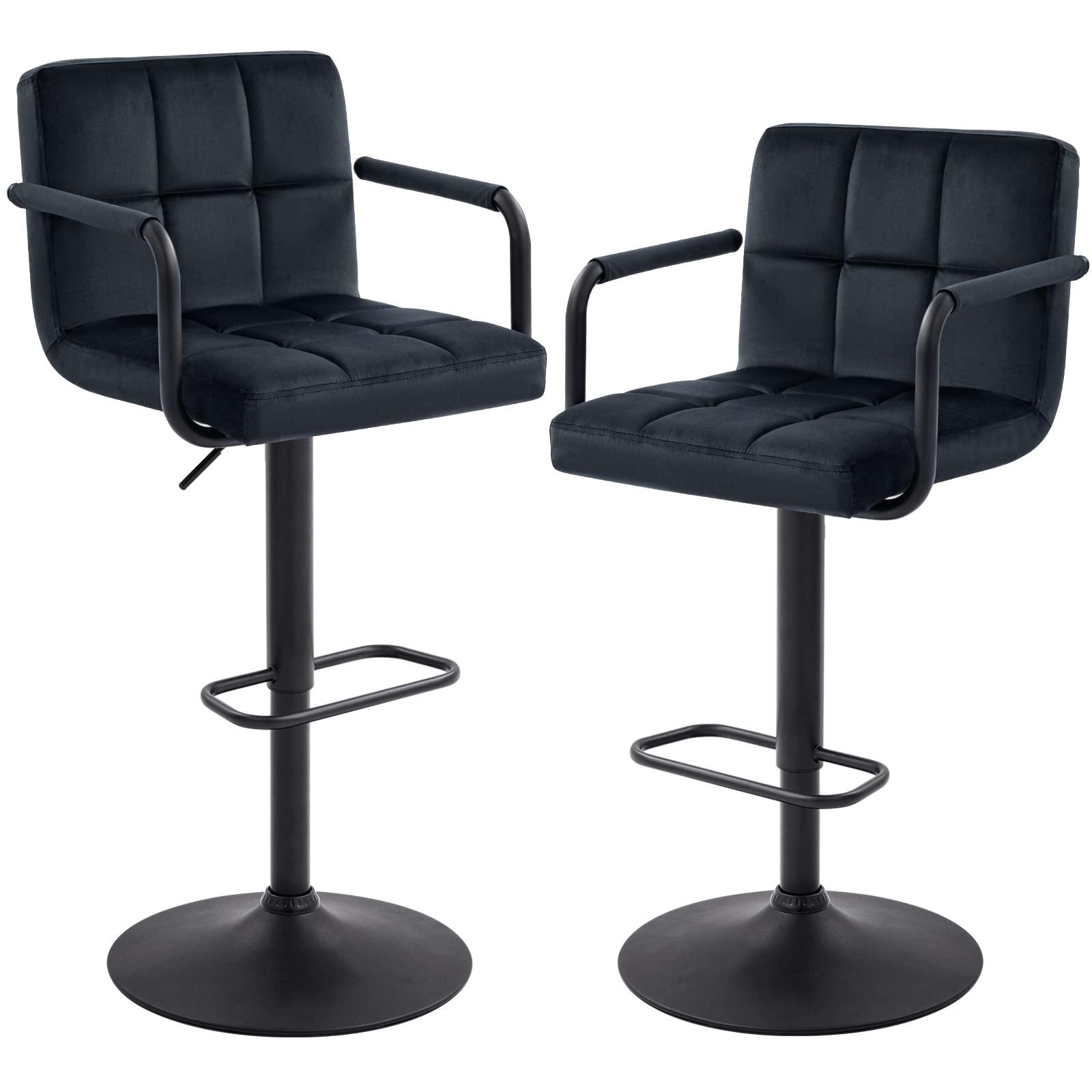 Furniliving Adjustable Bar Stools with Armrests - Set of 2, Square Back Velvet Fabric Hydraulic Kitchen Counter Stools, Luxurious Swivel Bar Chairs with Double Stitching | Perfect for Kitchen Islands, Breakfast Bars & Home Decor