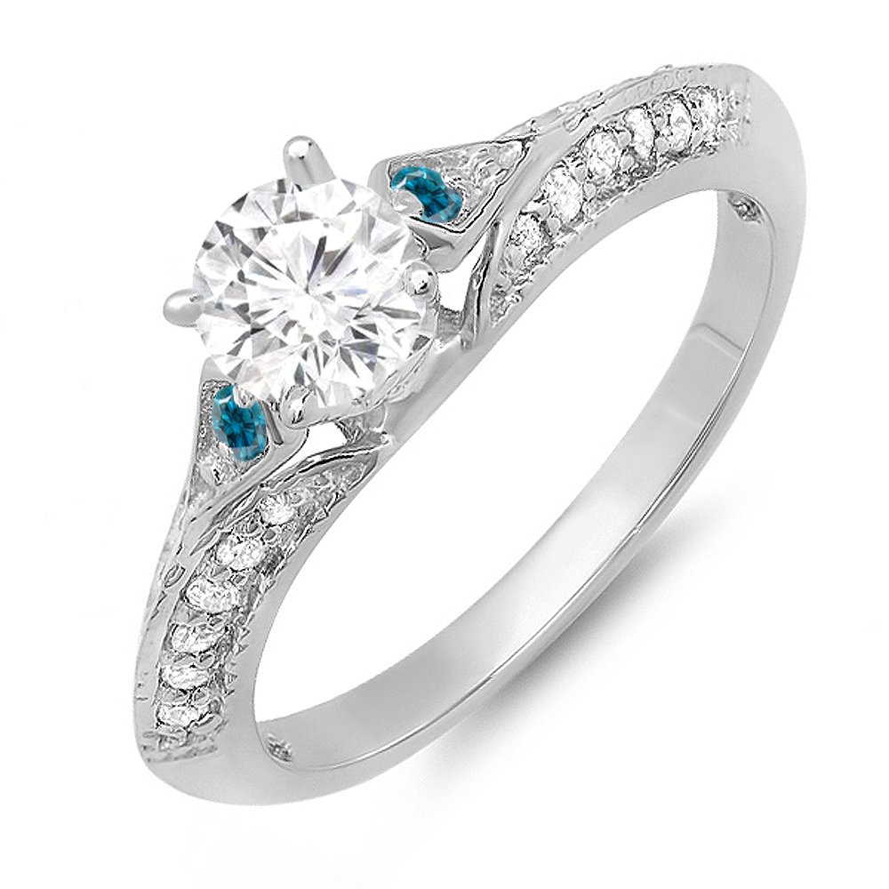 0.85 Carat Round Blue & White Diamond Engagement Ring for Women - 14K Gold Bridal Ring Set - Perfect for Proposals, Anniversaries & Special Occasions