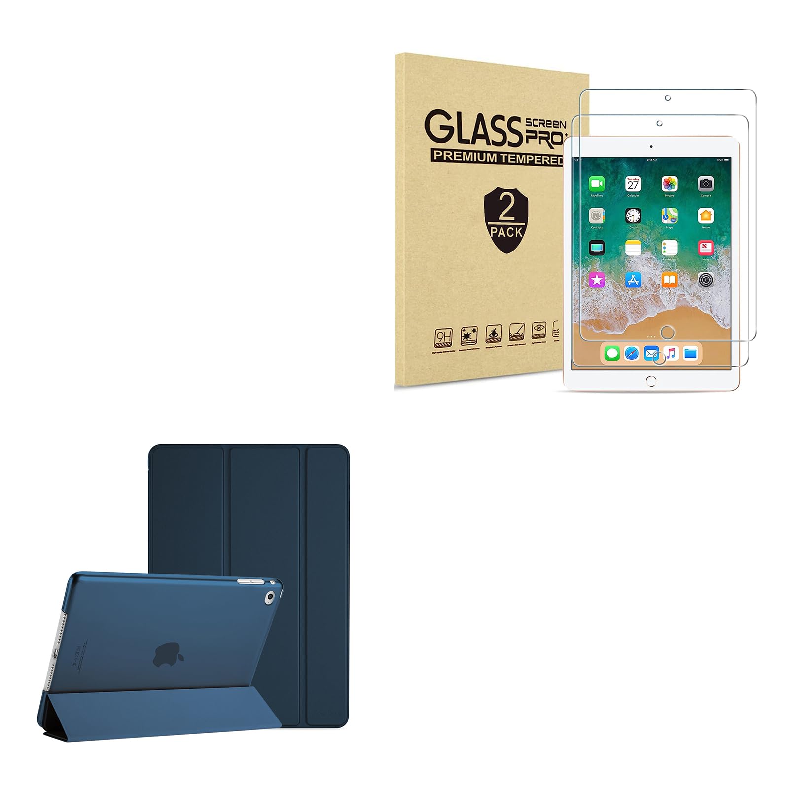 ProCase 2 Pack Tempered Glass Screen Protector & Ultra Slim Smart Case for iPad Air 2 (2014 Release) - Compatible with iPad 9.7 2018/2017 Models | Lightweight Stand Protective Cover for Work, School & Travel Use